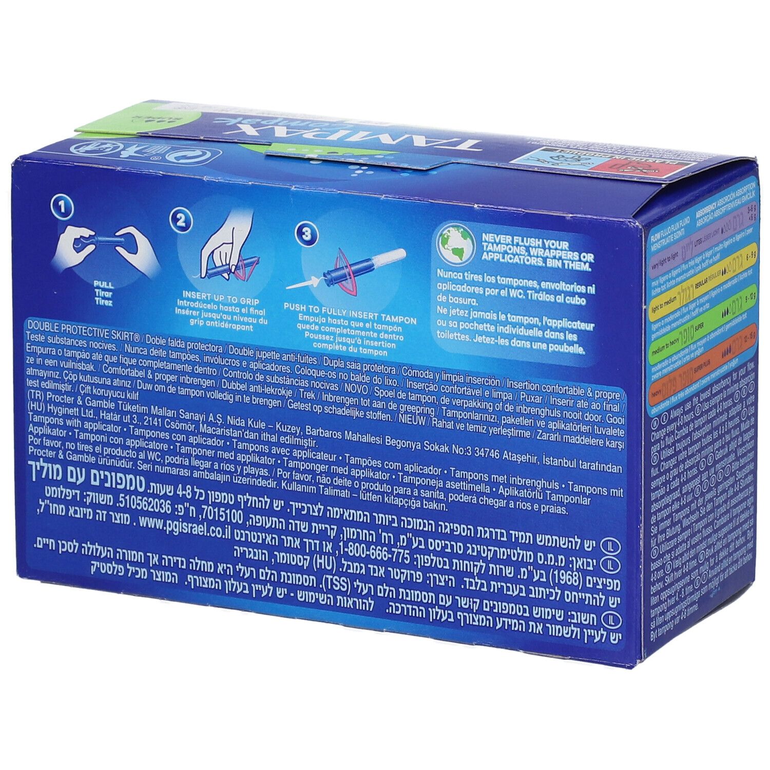 Achterkant van de verpakking TAMPAX Compak. Meertalige instructies en informatie. Illustraties voor gebruik. Contactgegevens.