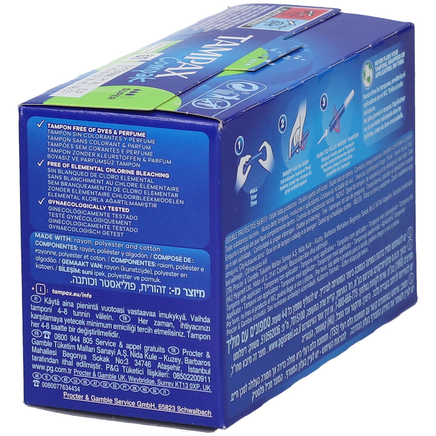 Zijkant van de verpakking TAMPAX Compak. Informatie over ingrediënten, certificeringen en contactgegevens. Illustraties.