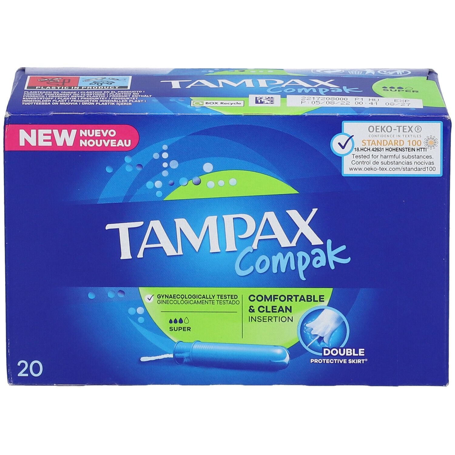 Blauw-witte doos TAMPAX Compak. 20 stuks. Links boven: NEW. Rechtsboven: Oeko-Tex. Productafbeelding met applicator.