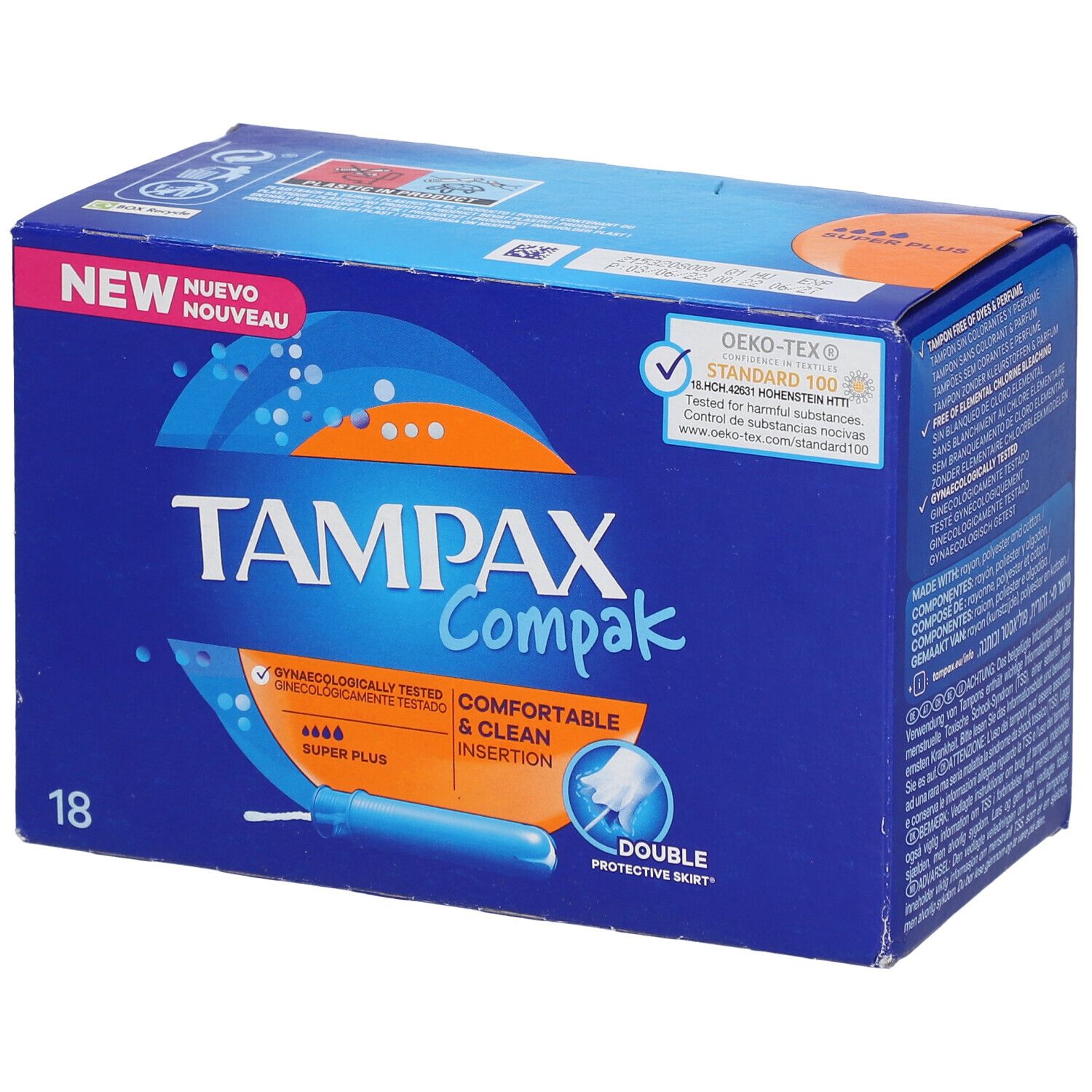 Boîte bleue et blanche TAMPAX Compak. 18 tampons Super Plus. Certification Oeko-Tex. Inscription : Comfortable & Clean Insertion.