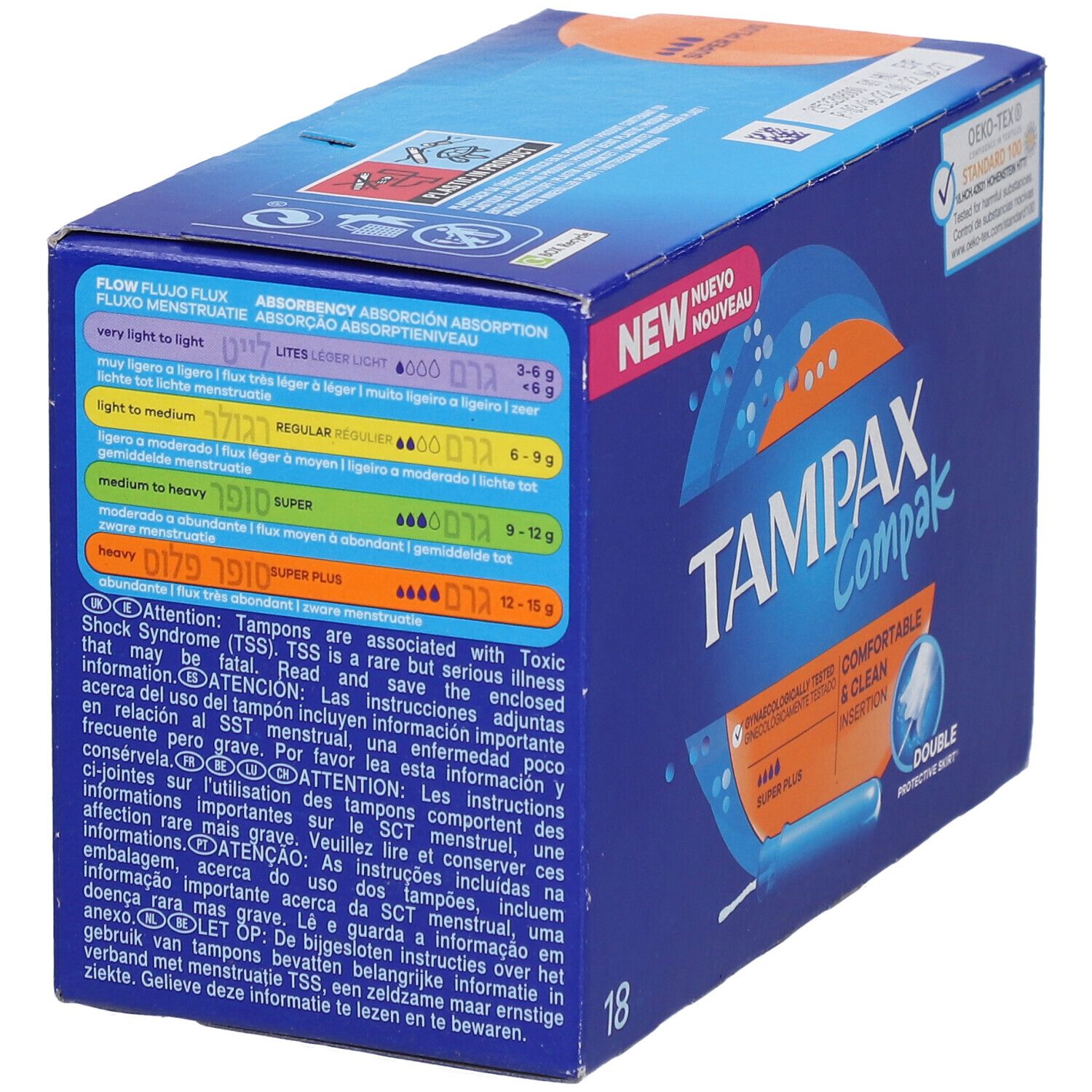 Boîte TAMPAX Compak. Codes couleurs pour l'absorption : léger à abondant. Avertissement TSS. 18 tampons. Certification Oeko-Tex.