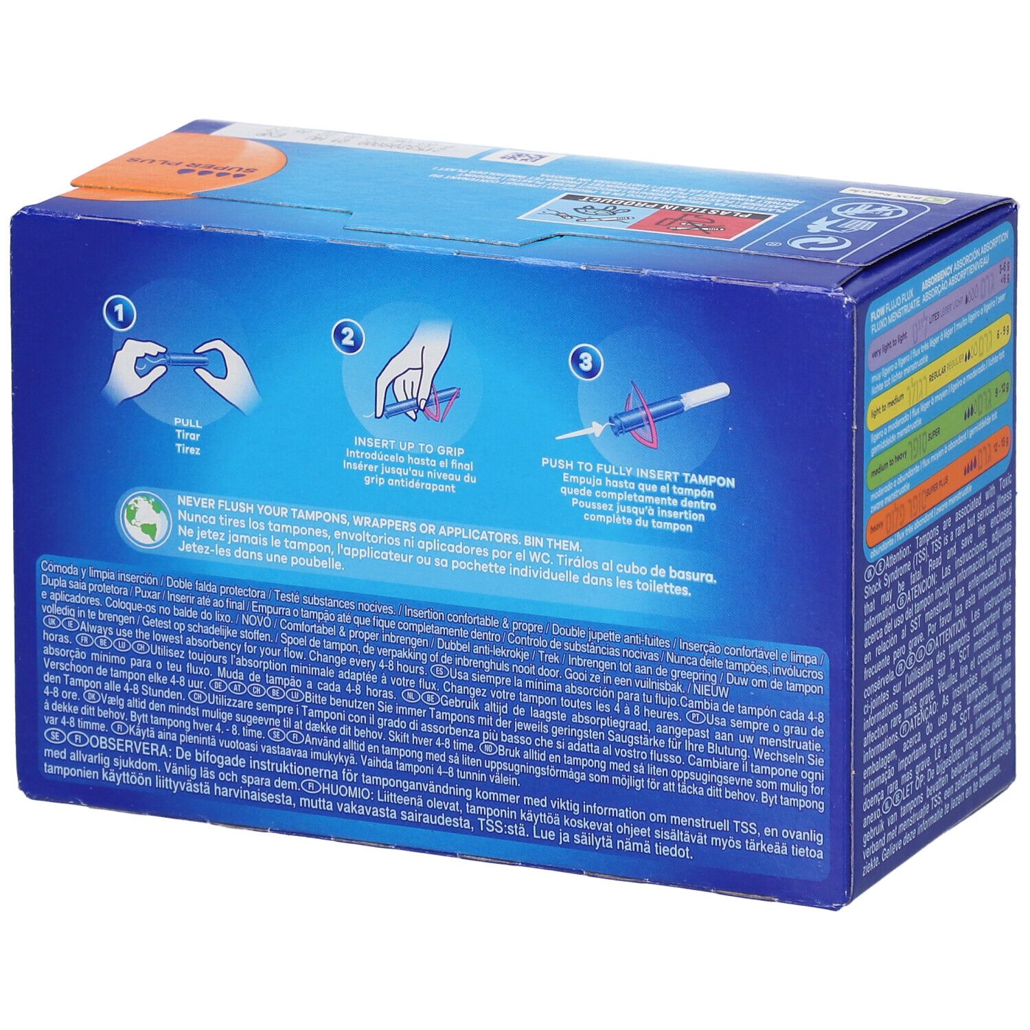 Dos de la boîte TAMPAX Compak. Instructions en trois étapes. Consignes d'élimination. Texte multilingue.
