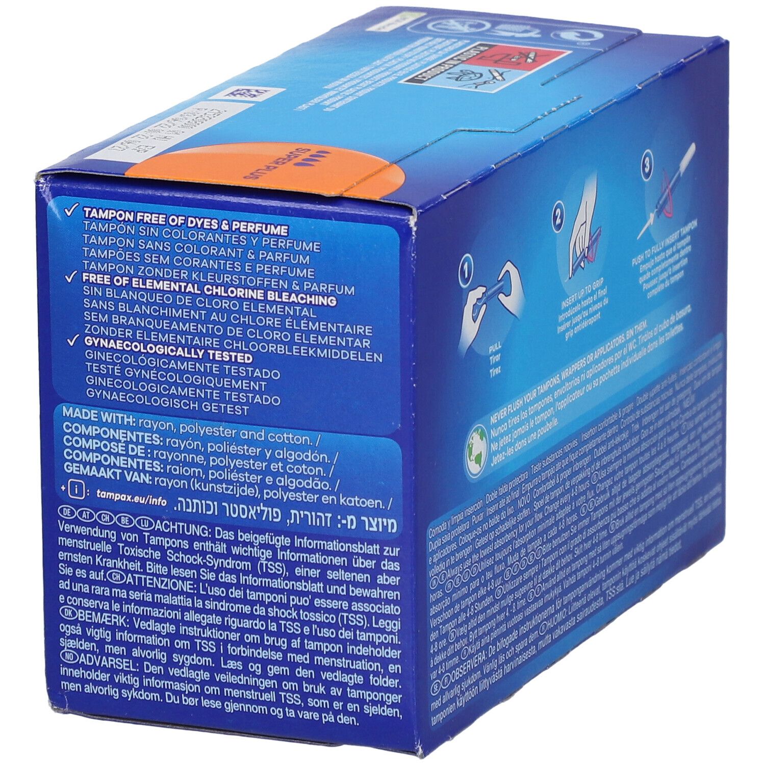 Côté de la boîte TAMPAX Compak. Sans parfum ni colorant. Testé gynécologiquement. Texte multilingue.