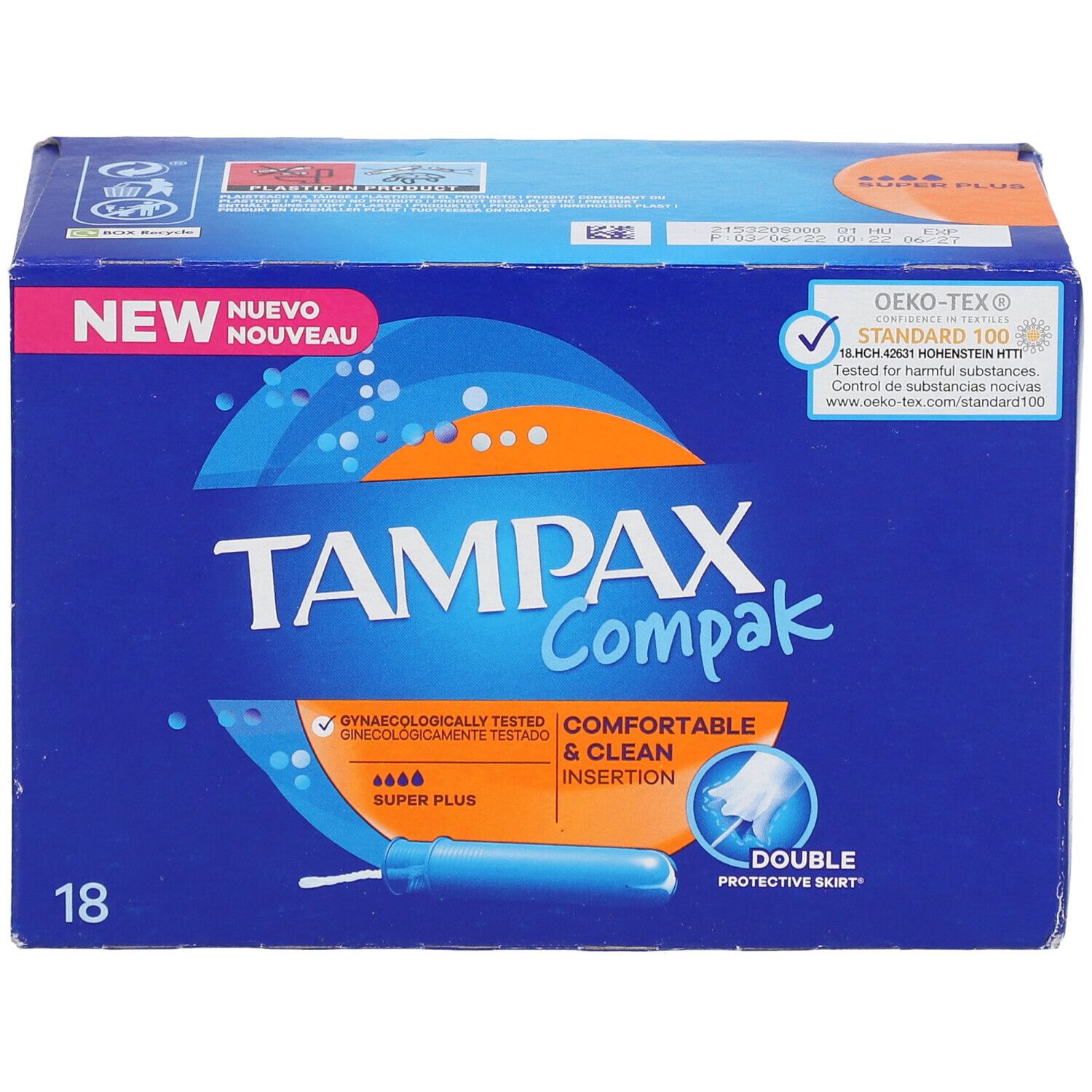 Boîte bleue et blanche TAMPAX Compak. 18 tampons Super Plus. Certification Oeko-Tex. Inscription : Comfortable & Clean Insertion.