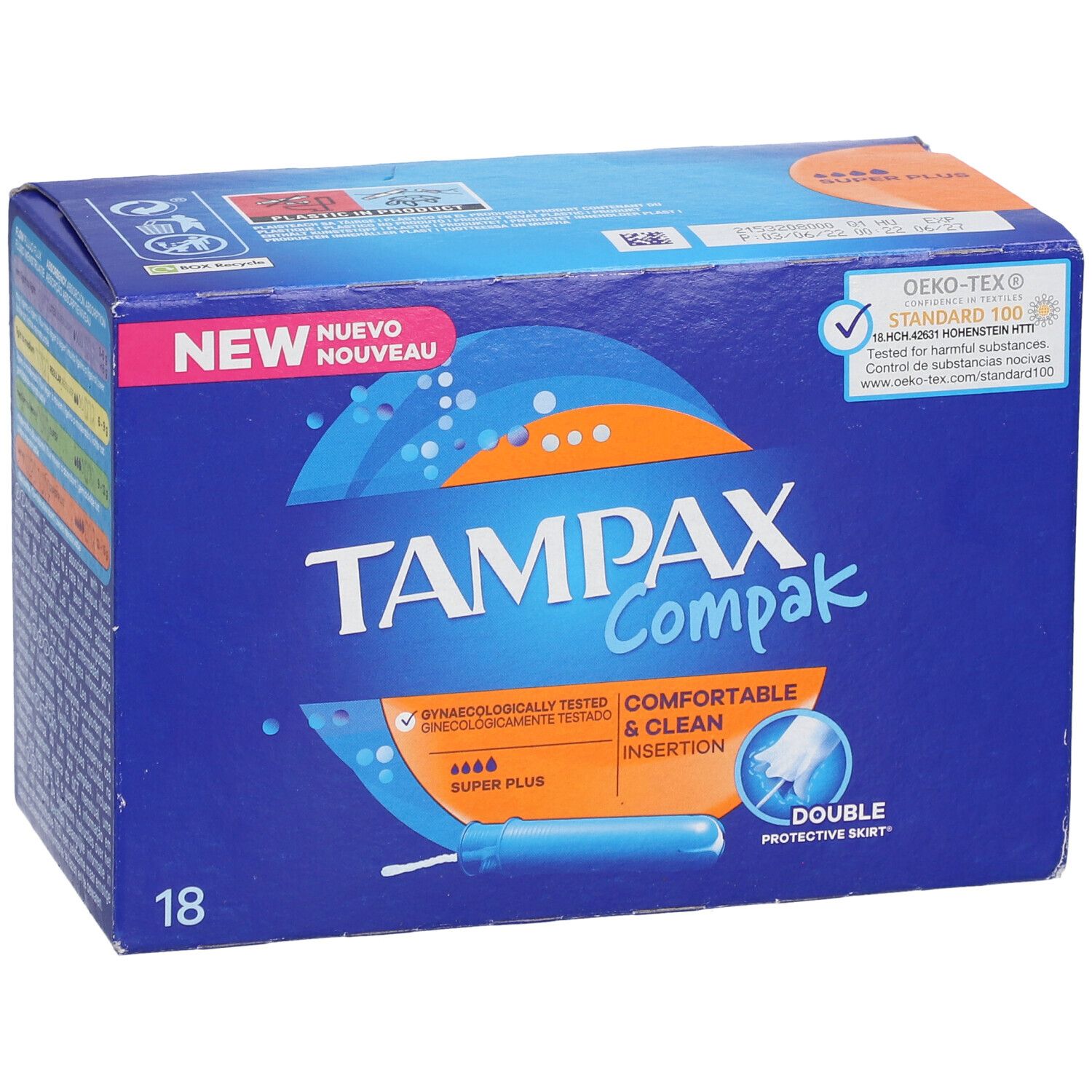Boîte bleue et blanche TAMPAX Compak. 18 tampons Super Plus. Inscription : Comfortable & Clean Insertion. Étiquette Nouveau.