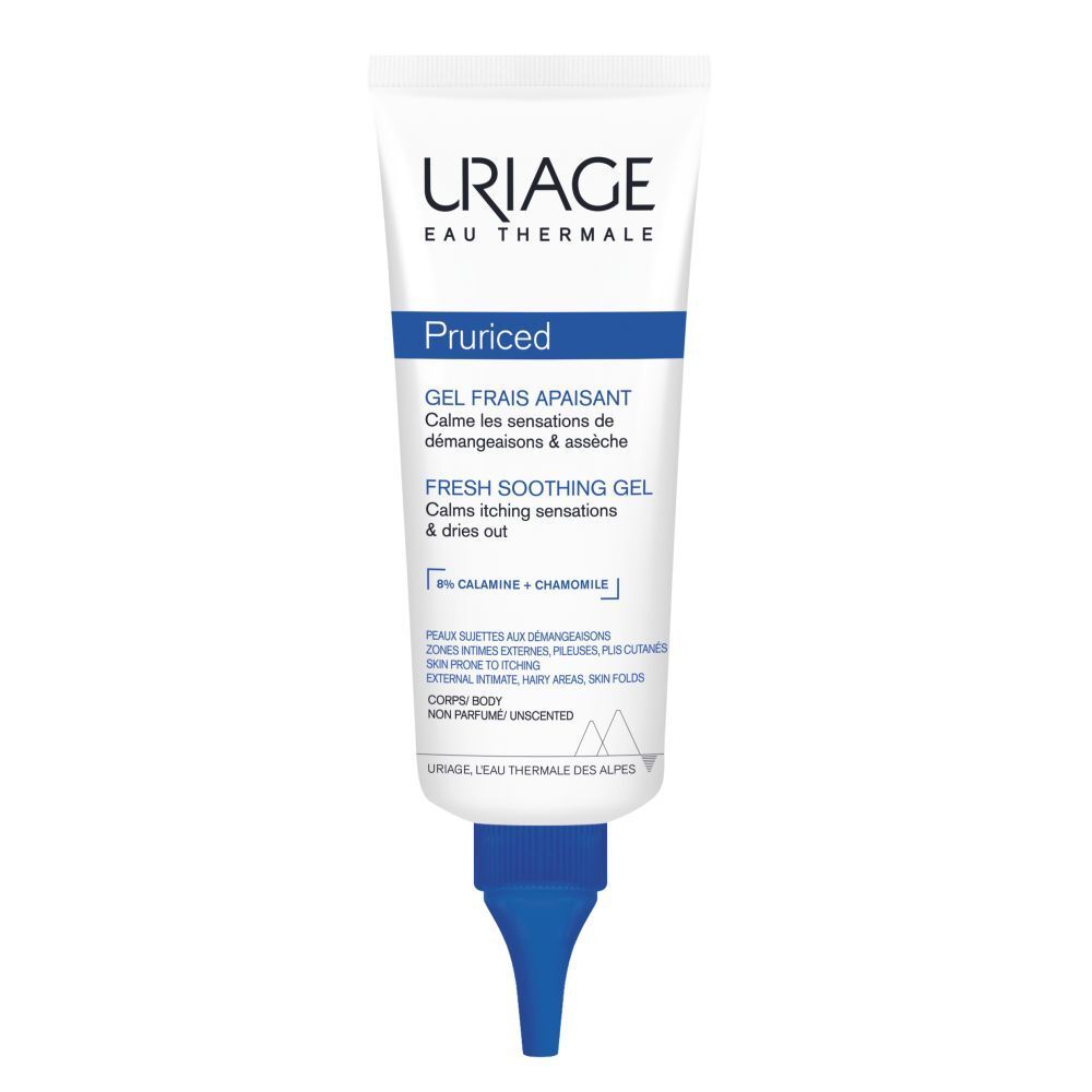 Tube Uriage Pruriced Gel Frais Apaisant. Embout bleu. Texte: 8% Calamine + Camomille. Pour peaux sujettes aux démangeaisons.