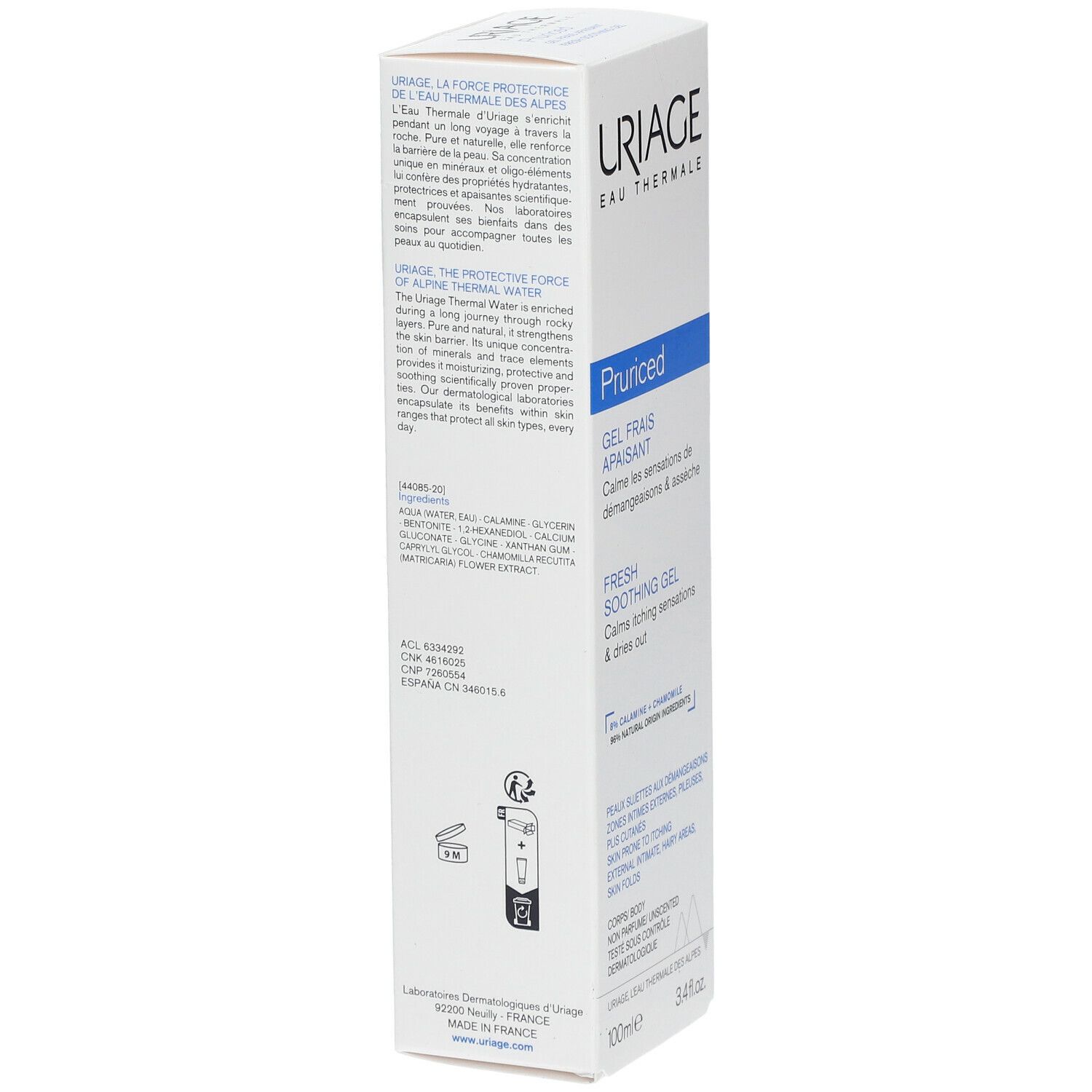 Boîte blanche avec informations produit. Logo Uriage. Texte: Pruriced Gel Frais Apaisant. Ingrédients et utilisation.