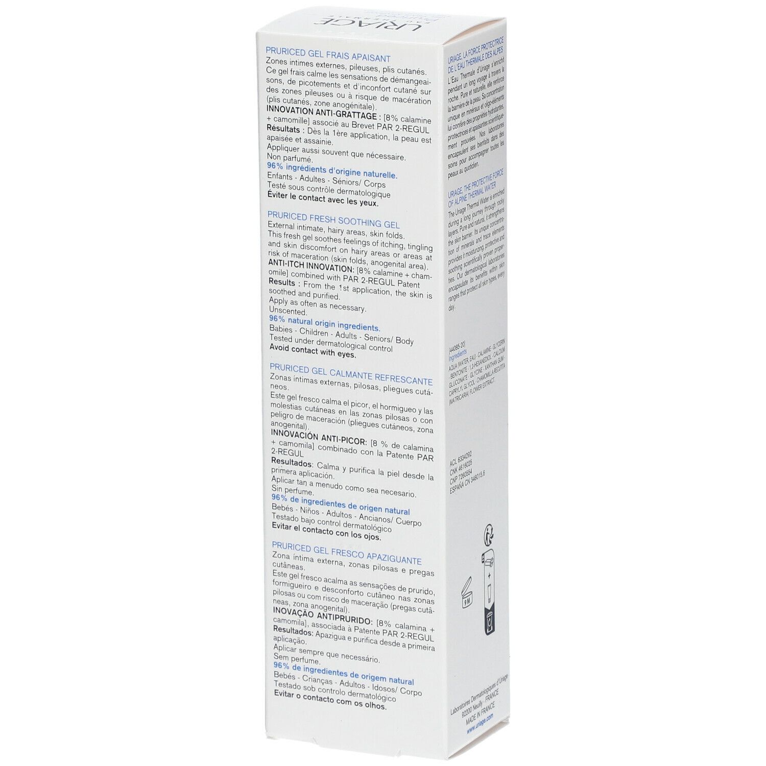 Boîte blanche avec informations produit. Logo Uriage. Texte: Pruriced Gel Frais Apaisant. Ingrédients et utilisation.