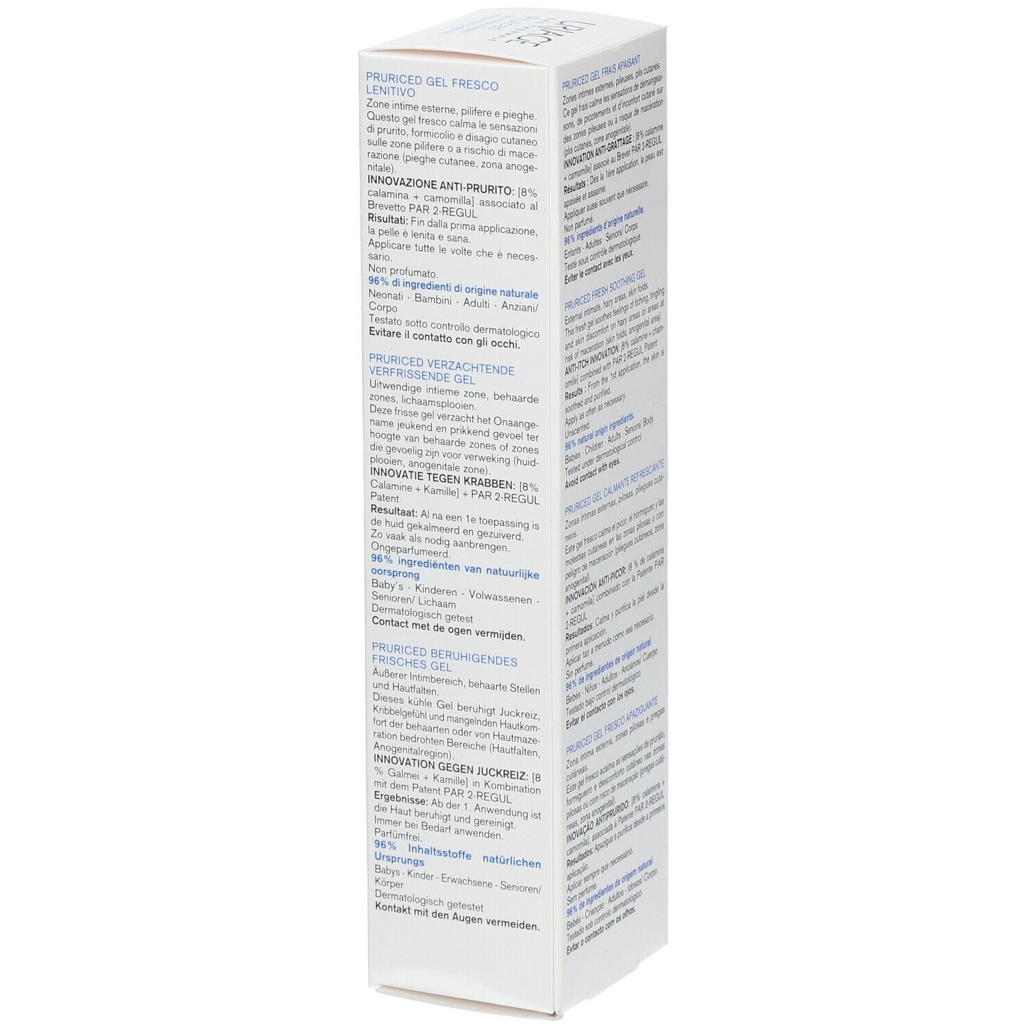 Boîte blanche avec informations produit. Logo Uriage. Texte: Pruriced Gel Frais Apaisant. Ingrédients et utilisation.