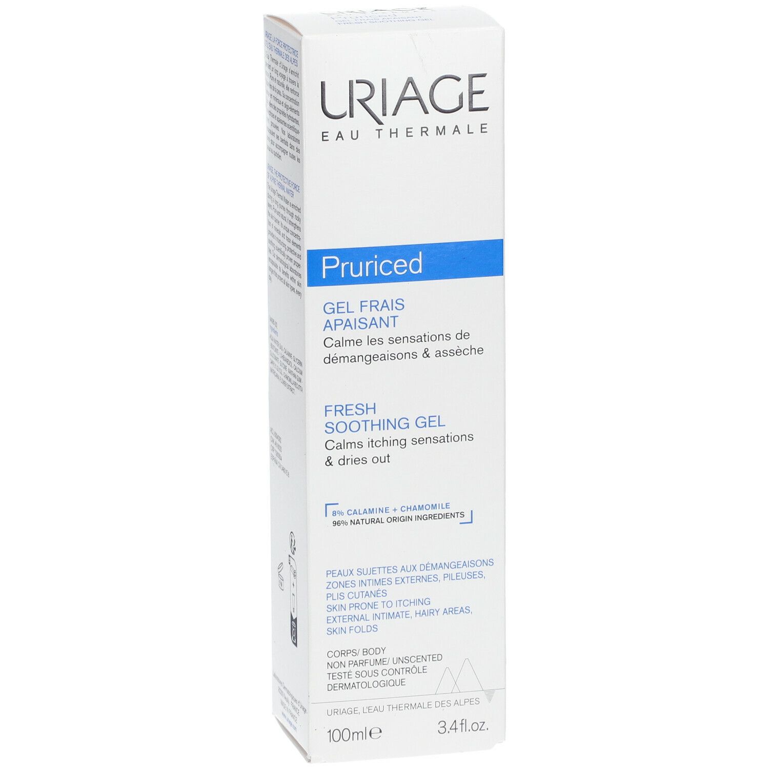 Boîte blanche Uriage. Inscription Pruriced Gel Frais Apaisant. Contient 8% calamine et camomille.
