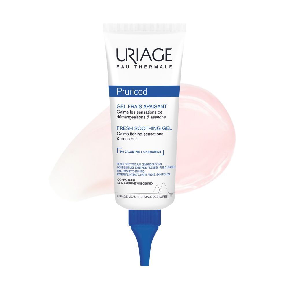 Tube Uriage Pruriced Gel Frais Apaisant. Produit sur fond rose. Embout bleu.