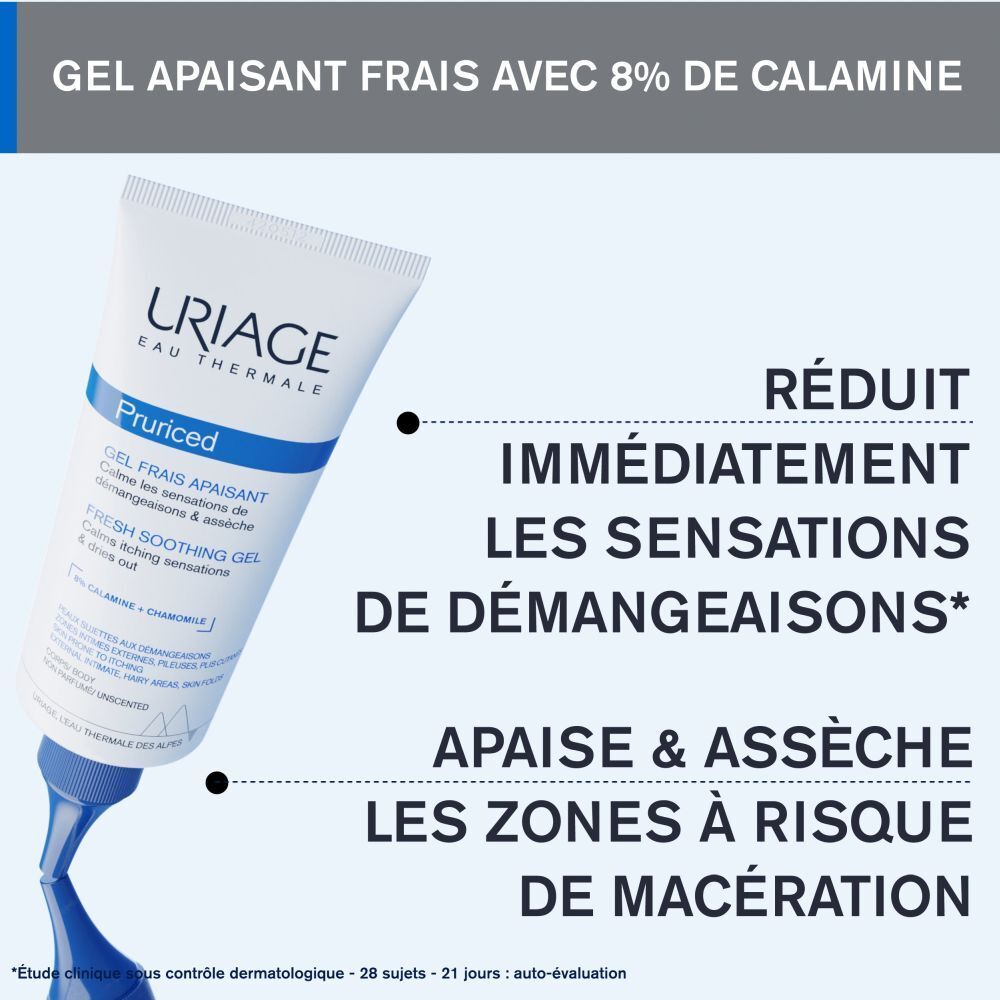 Tube de gel Uriage. Texte: Réduit immédiatement les démangeaisons. Apaise & sèche. 8% Calamine. Peaux sujettes.