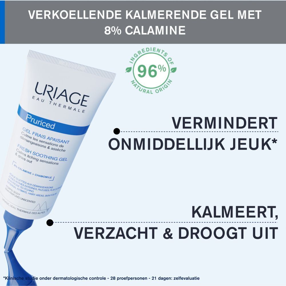 Uriage gel tube. Tekst: Vermindert onmiddellijk jeuk. Kalmeert & droogt uit. 8% Calamine. Jeukende huid.
