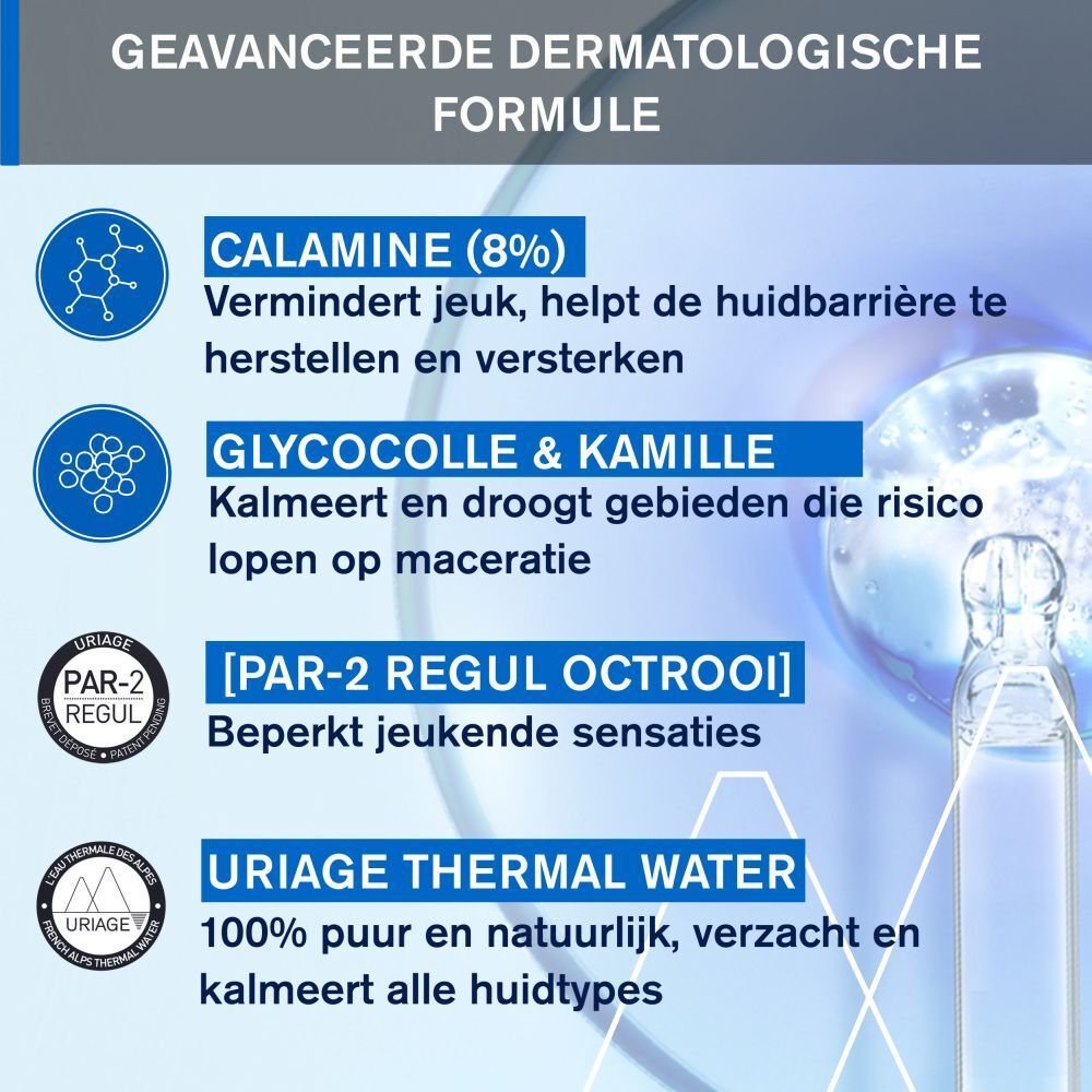 Ingrediënten van Uriage gel. Tekst: Calamine (8%), Glycocolle & Kamille, PAR-2 REGUL, Uriage Thermaal Water.