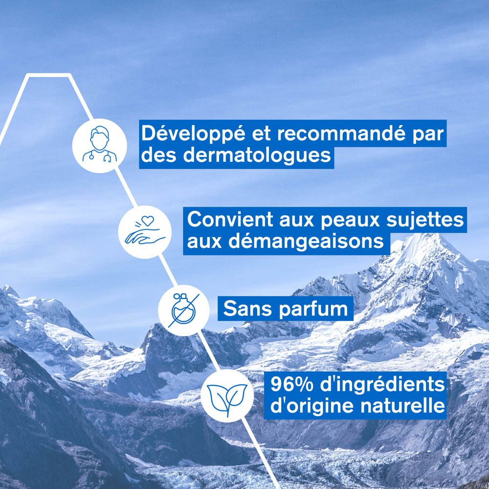 Texte: Développé et recommandé par des dermatologues. Peaux sujettes. Sans parfum. 96% ingrédients naturels.