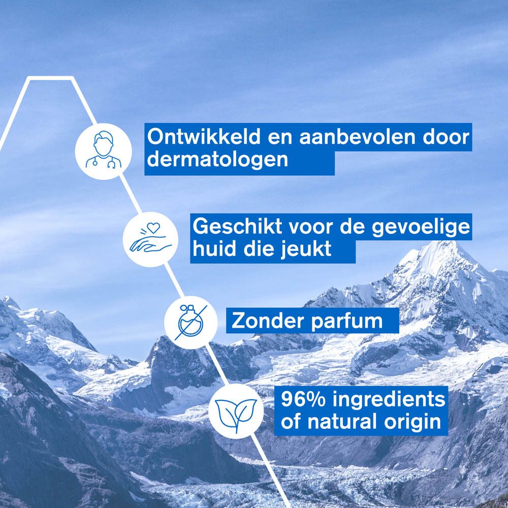 Tekst: Ontwikkeld en aanbevolen door dermatologen. Jeukende huid. Zonder parfum. 96% natuurlijke ingrediënten.