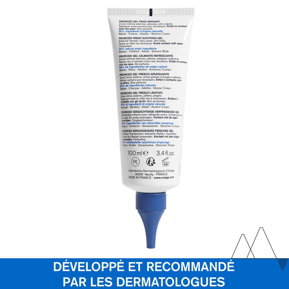 Dos du tube Uriage Pruriced Gel Frais Apaisant. Texte et instructions d'utilisation.