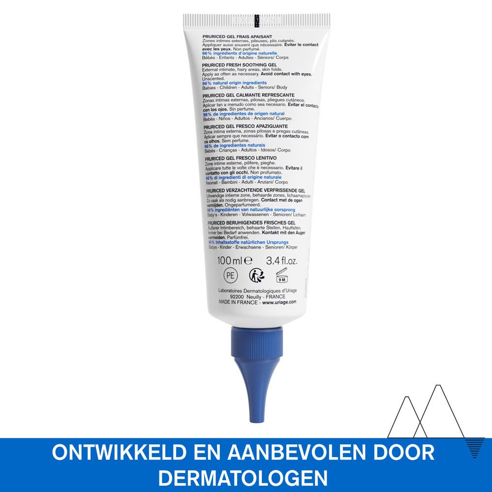 Achterkant van de tube Uriage Pruriced Gel Frais Apaisant. Tekst en gebruiksaanwijzing.