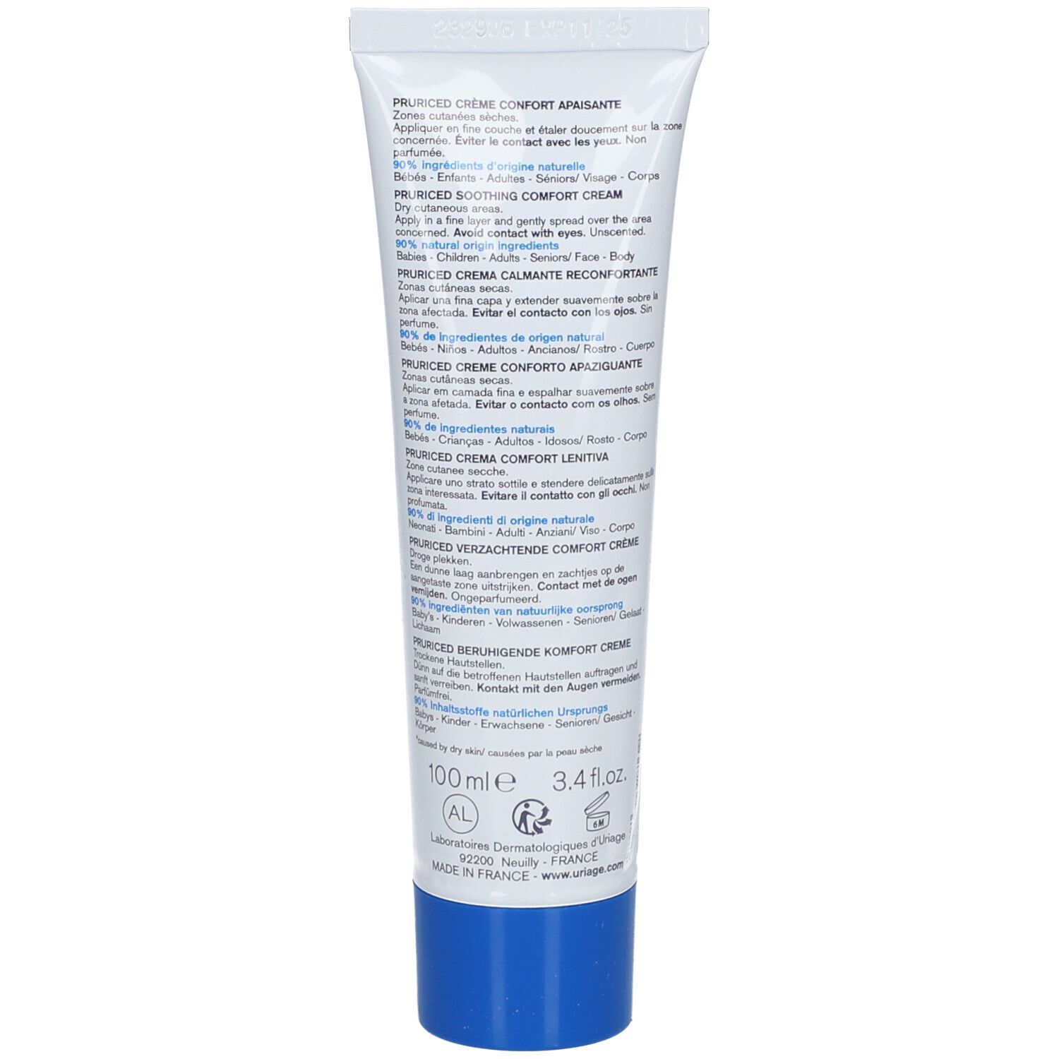 Rückseite des Uriage Pruriced Crème Confort Apaisante-Tubes. Text in mehreren Sprachen.
