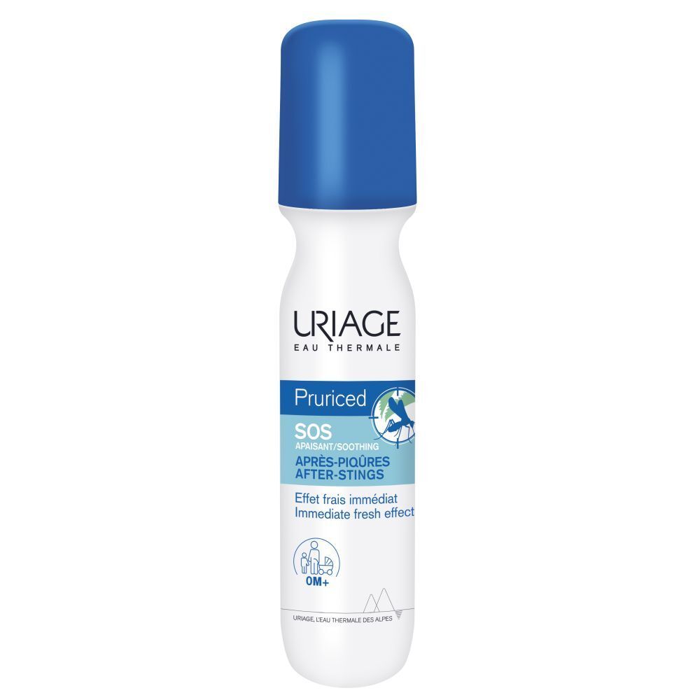 Flacon blanc et bleu avec applicateur roll-on. Inscription : Uriage, Pruriced SOS Après-piqûres.