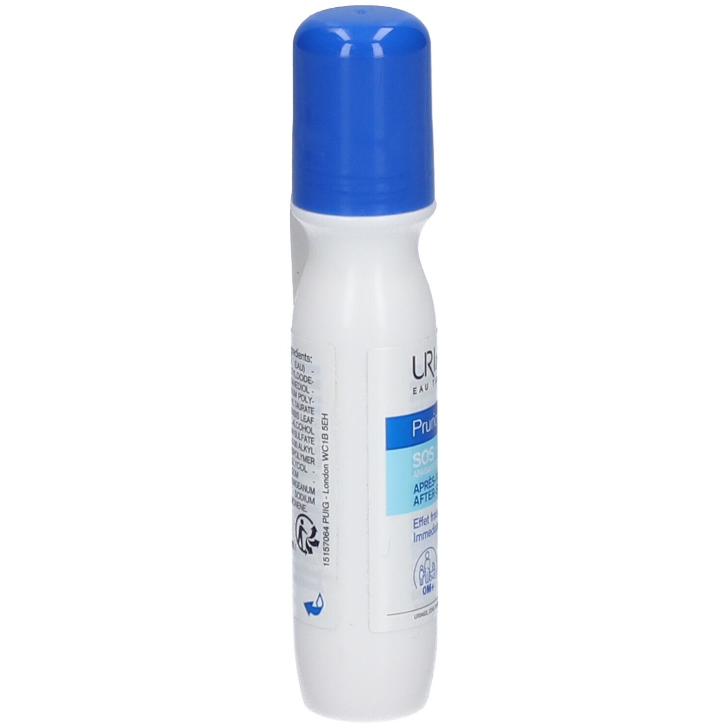 Flacon blanc et bleu avec applicateur roll-on. Inscription : Uriage, Pruriced SOS Après-piqûres. Ingrédients.
