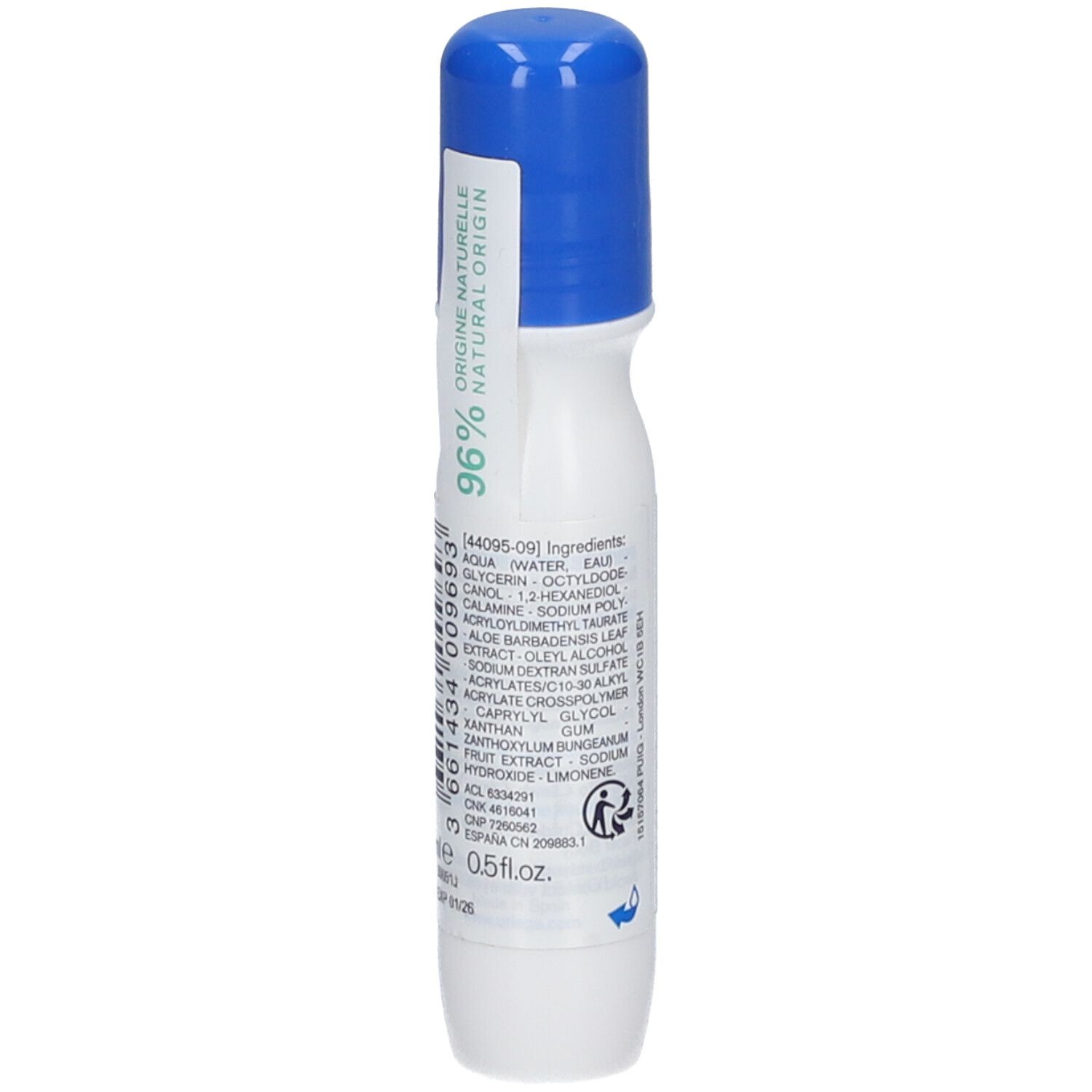 Flacon blanc et bleu avec applicateur roll-on. Inscription : 96% d'origine naturelle. Ingrédients.
