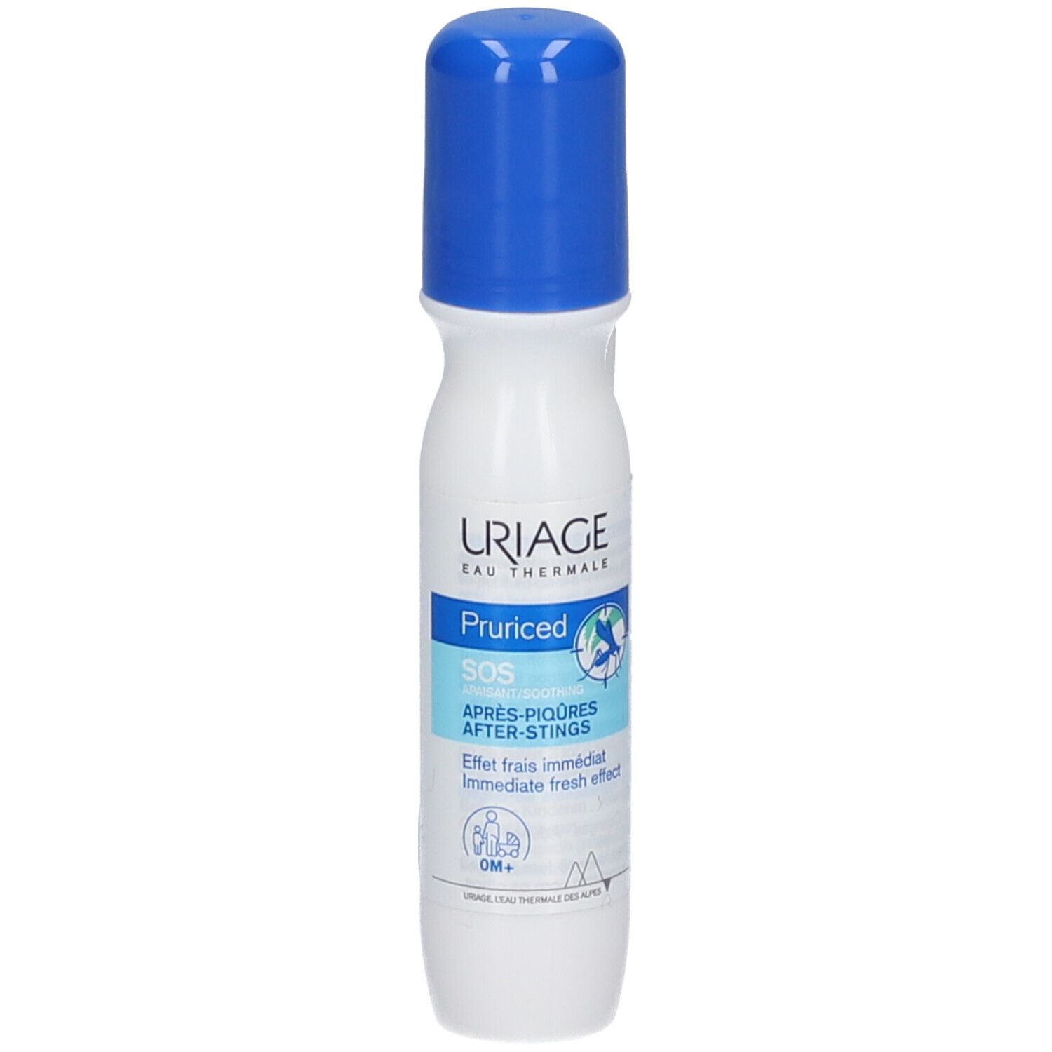 Flacon blanc et bleu avec applicateur roll-on. Inscription : Uriage, Pruriced SOS Après-piqûres.