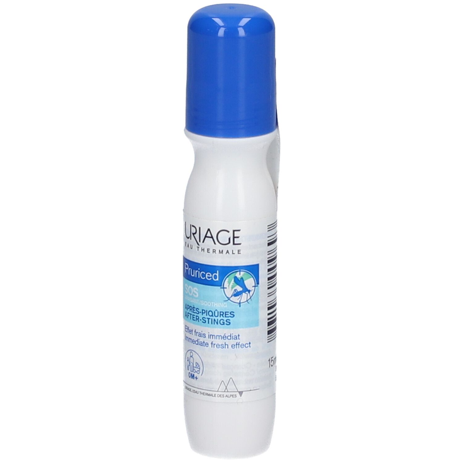 Flacon blanc et bleu avec applicateur roll-on. Inscription : Uriage, Pruriced SOS Après-piqûres. 15ml.