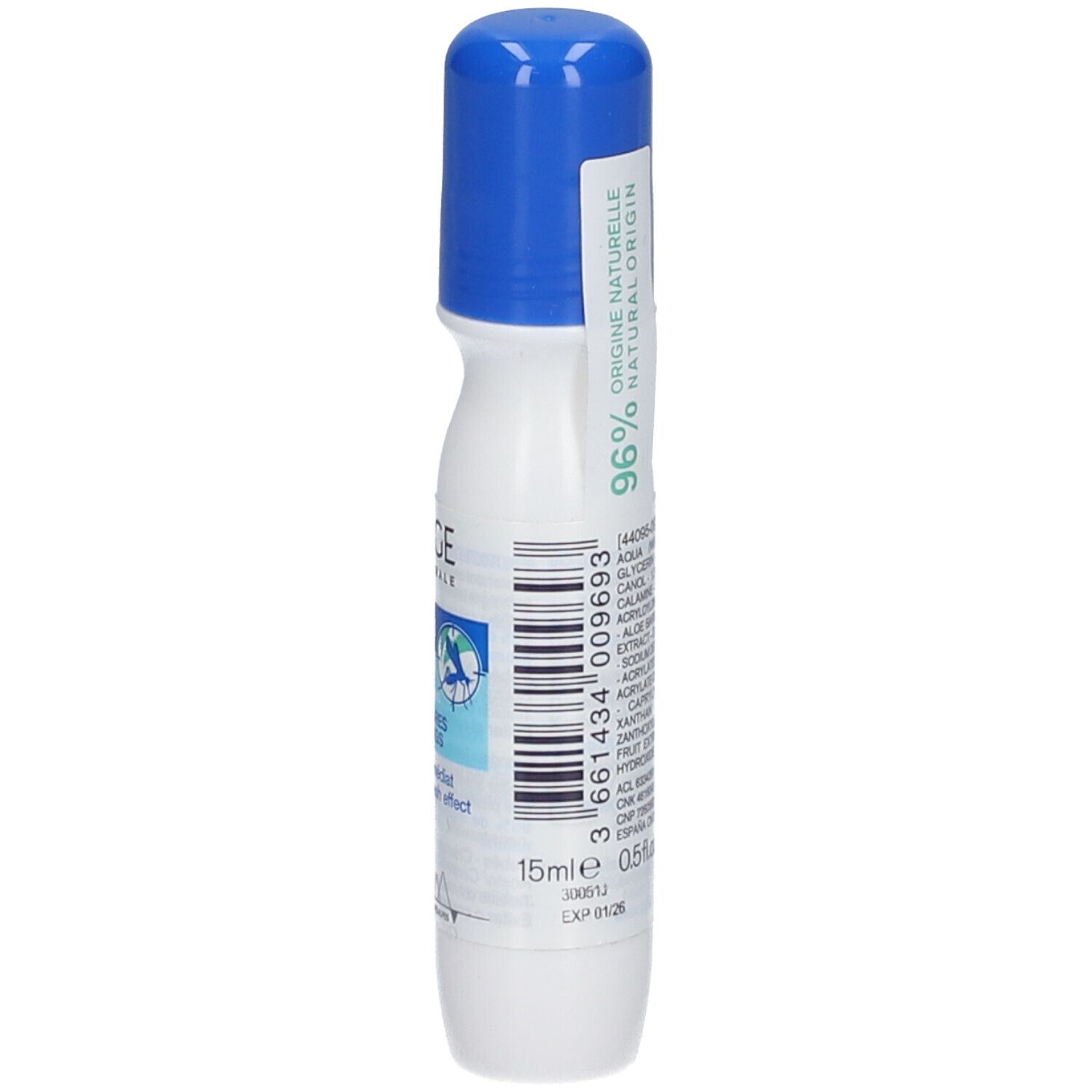 Flacon blanc et bleu avec applicateur roll-on. Inscription : 96% d'origine naturelle. 15ml.