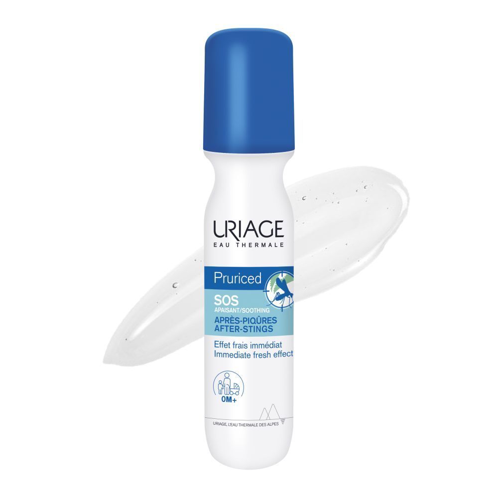 Flacon blanc et bleu avec applicateur roll-on. Texture gel. Inscription : Uriage, Pruriced SOS Après-piqûres.