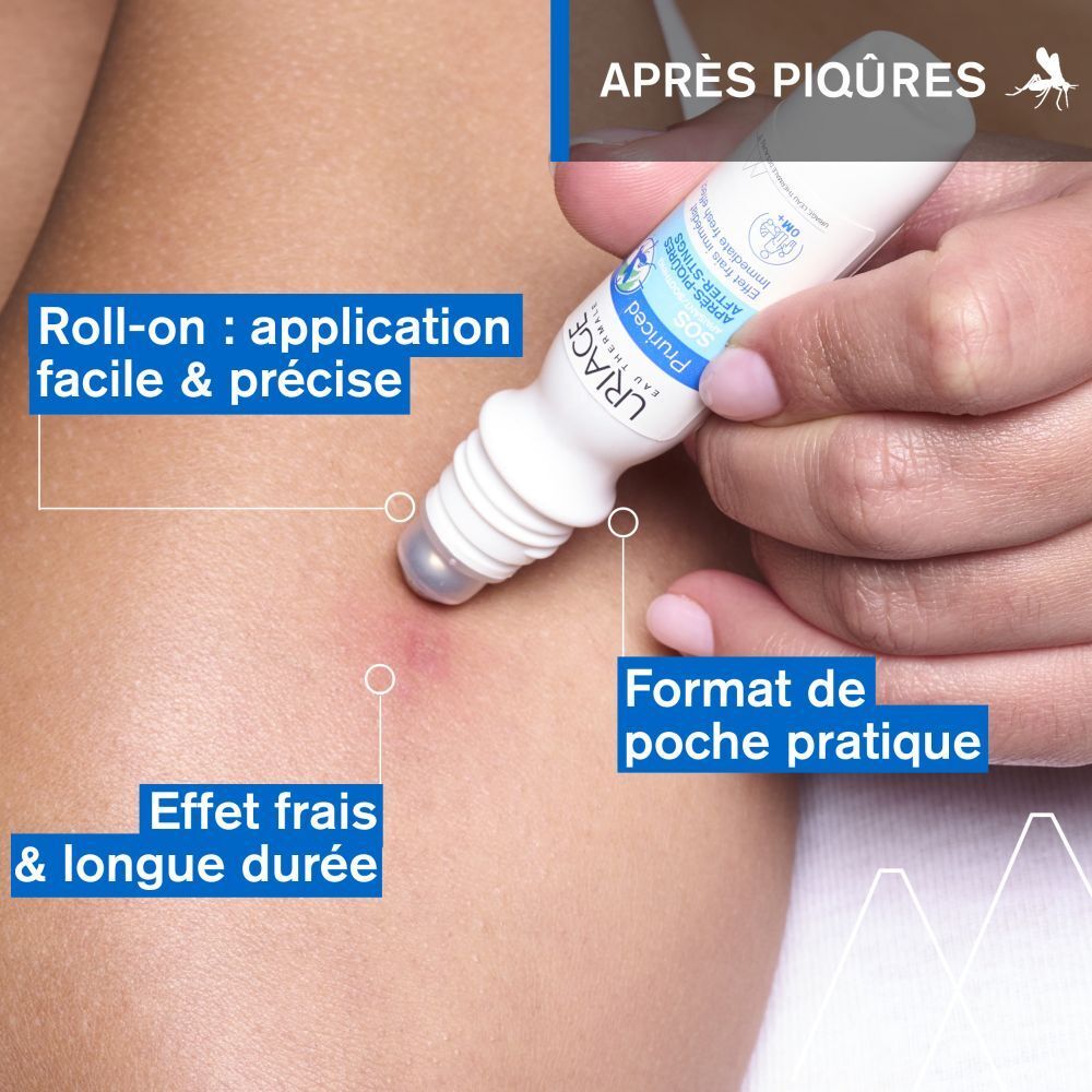 Bras avec piqûre d'insecte. Flacon roll-on. Inscription : Uriage, Pruriced. Application roll-on.