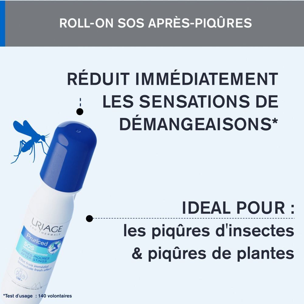Texte : Roll-on SOS après-piqûres. Réduit immédiatement les démangeaisons. Idéal pour piqûres.