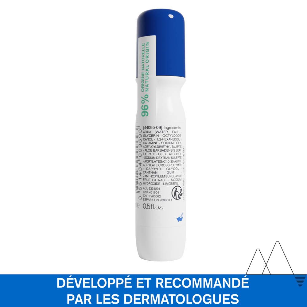 Flacon blanc et bleu avec applicateur roll-on. Inscription : 96% d'origine naturelle. Ingrédients.