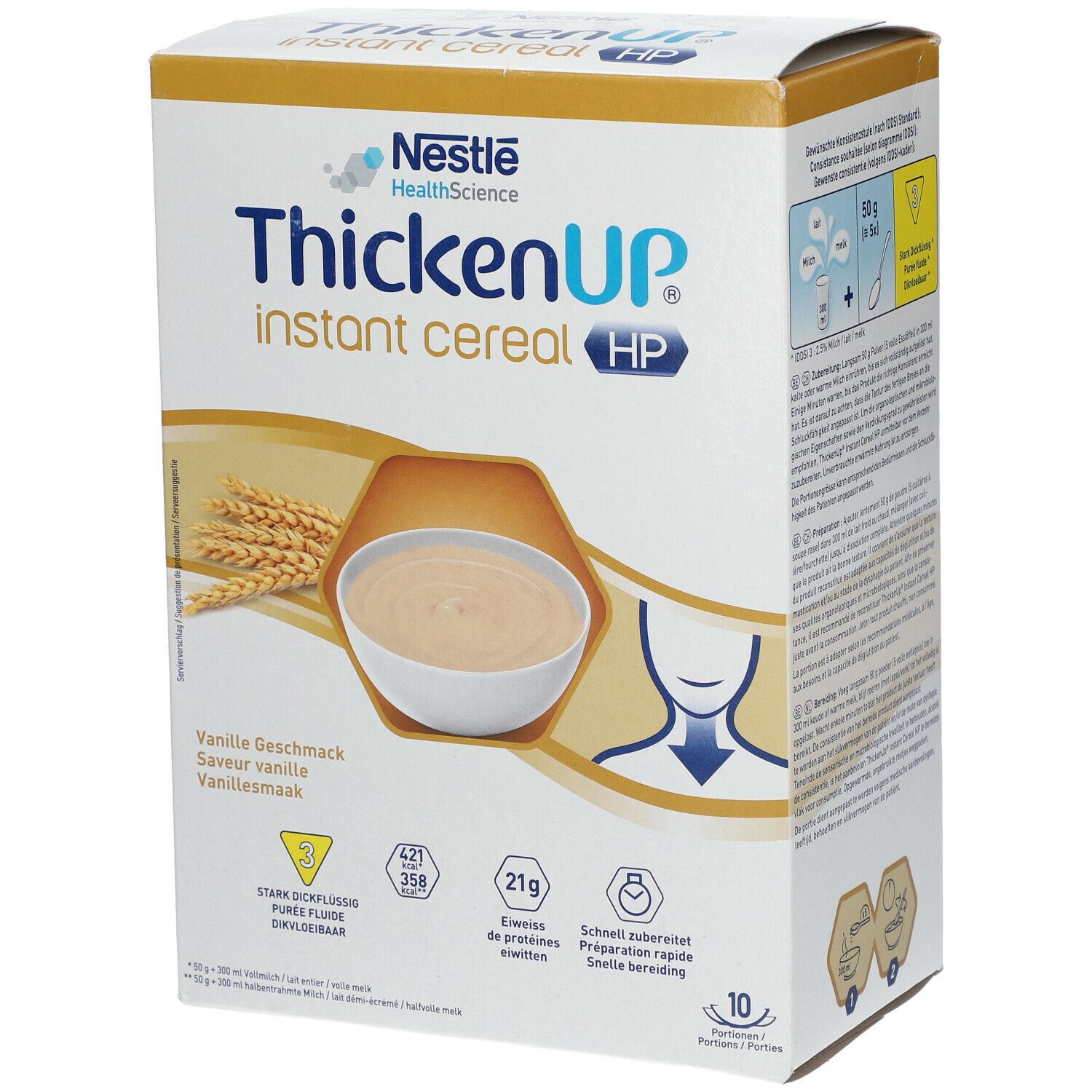 Doos ThickenUp Instant Cereal HP. Vanillesmaak. Bevat voedingswaarde-informatie en bereidingswijze.