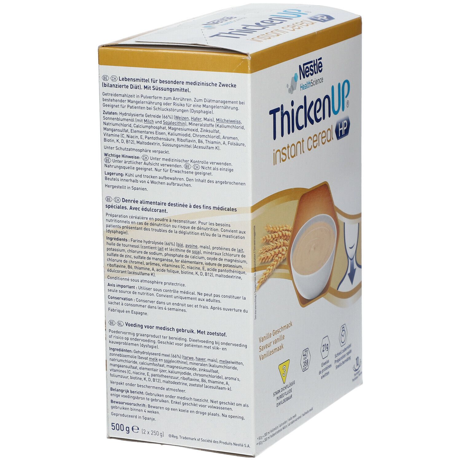 Achterkant doos ThickenUp HP met ingrediënten, voedingswaarden en bereidingsinstructies.
