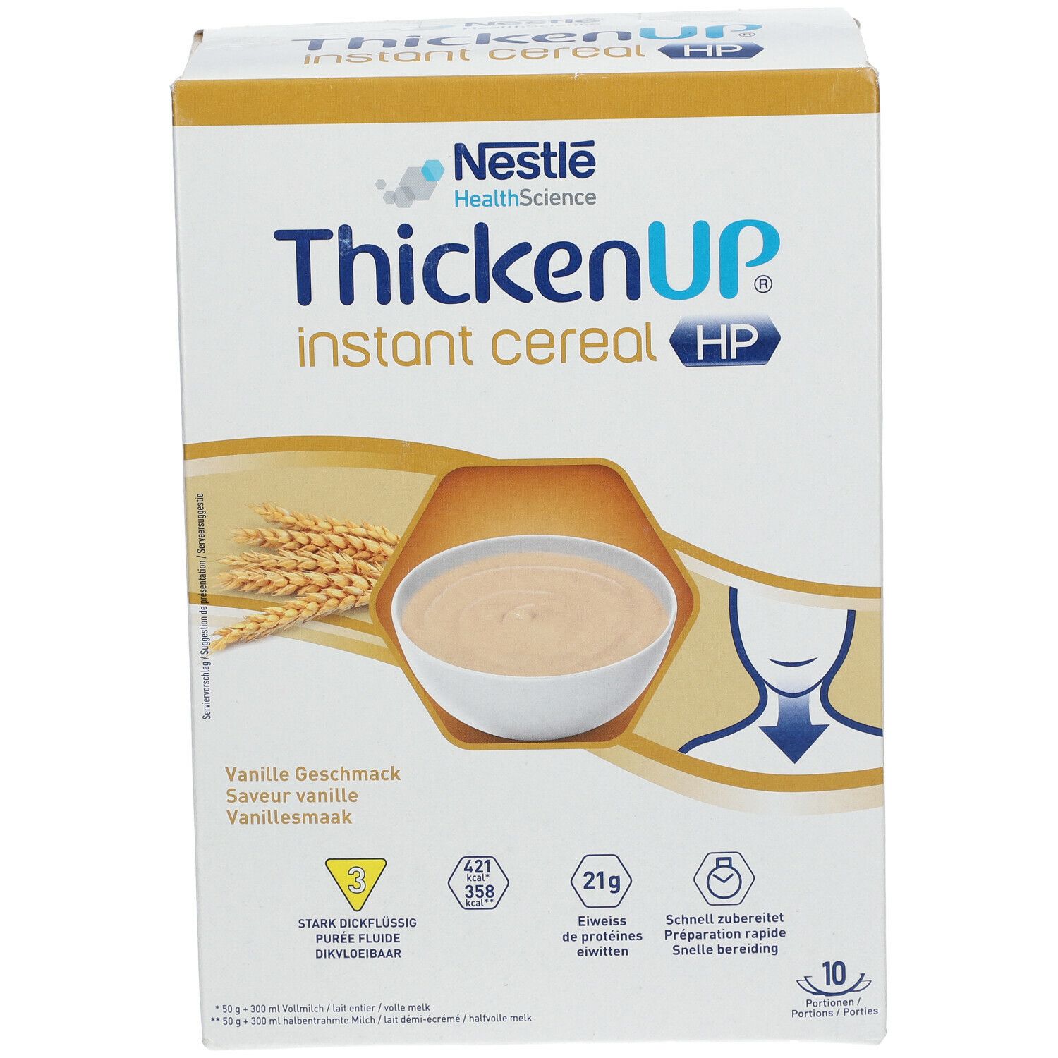 Doos ThickenUp HP, voorkant met productnaam, smaak en voedingswaarde-informatie.