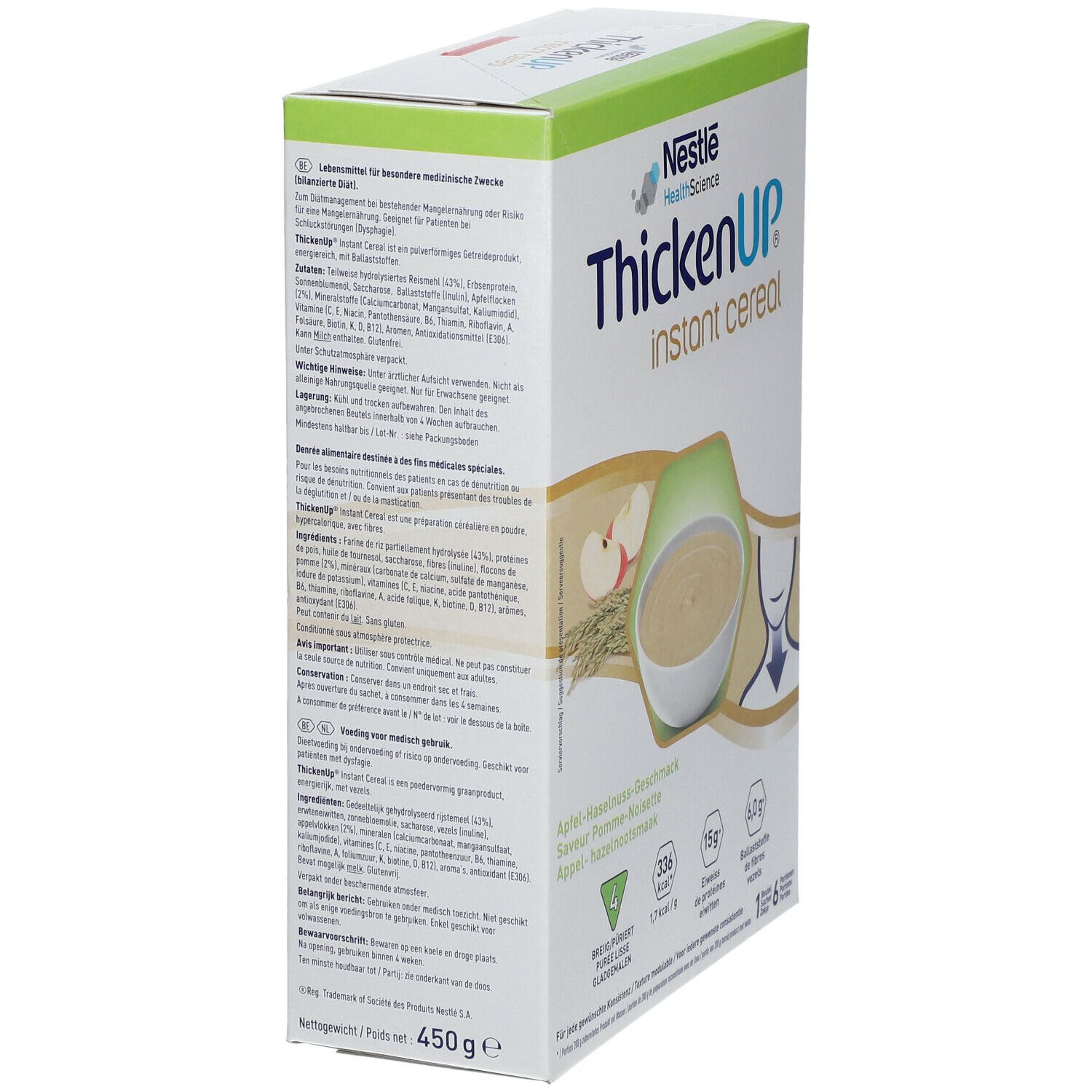 ThickenUp Instant Cereal doos. Zijaanzicht. Productnaam en logo. Meertalige tekst. Voedingsinformatie.