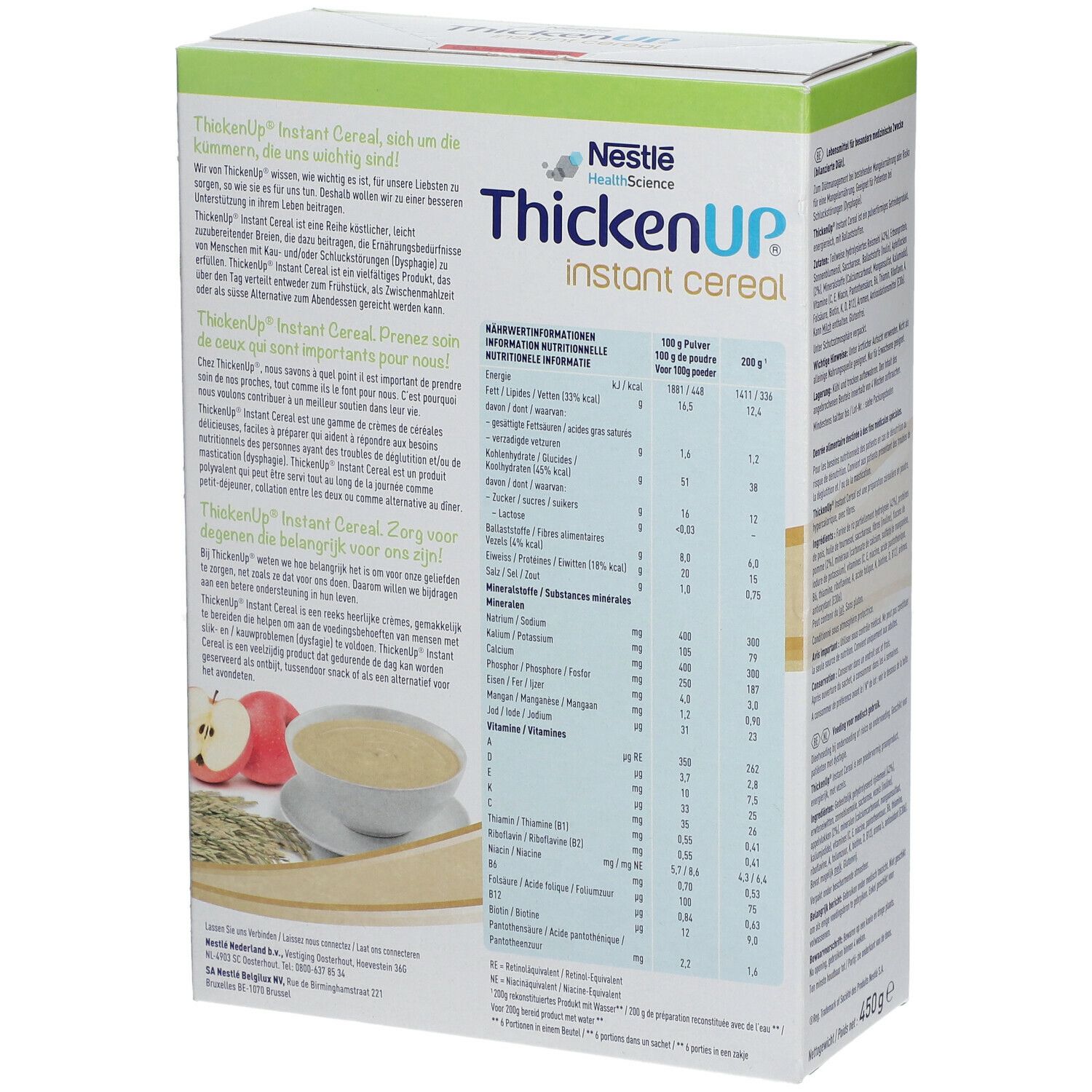 ThickenUp Instant Cereal doos. Achterkant met tekst. Productnaam en logo. Voedingsinformatie. Meertalige tekst.