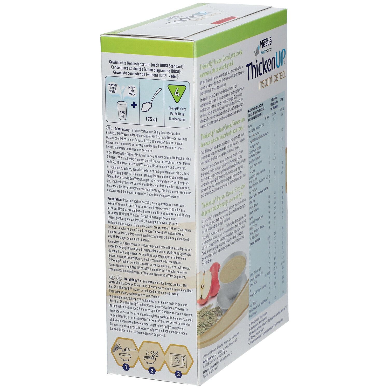 ThickenUp Instant Cereal doos. Zijaanzicht. Productnaam en logo. Bereidingsinstructies. Meertalige tekst.