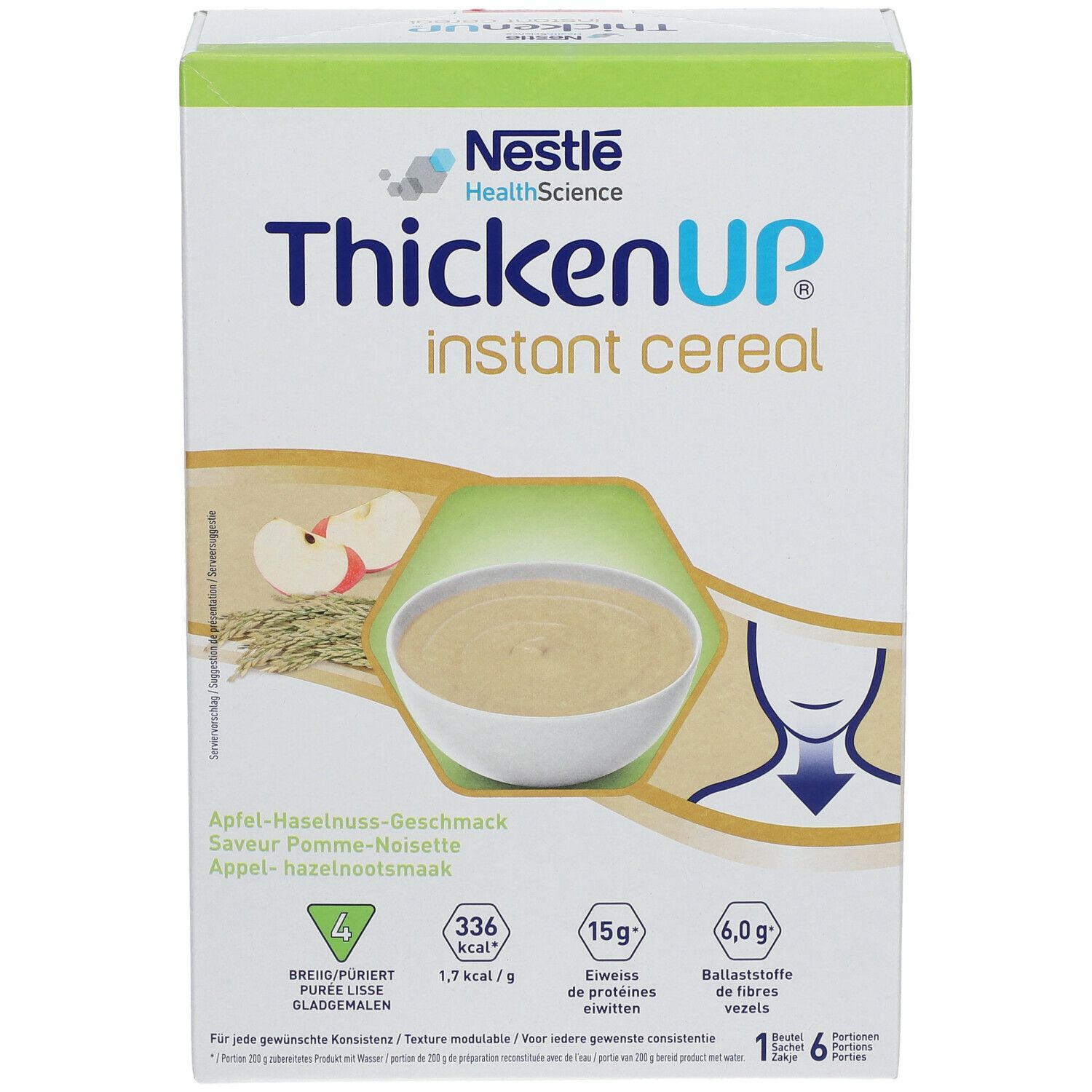 ThickenUp Instant Cereal doos. Appel-hazelnootsmaak. Logo en productnaam. Illustratie van pap in een kom.