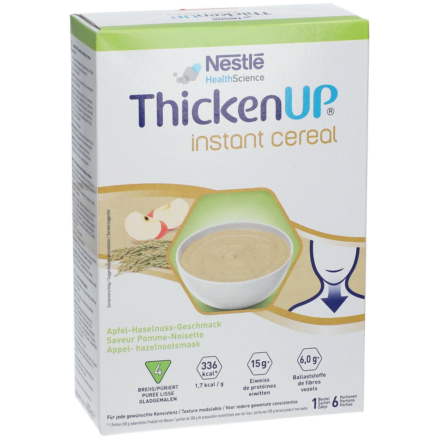 ThickenUp Instant Cereal doos. Appel-hazelnootsmaak. Logo en productnaam. Illustratie van pap in een kom.