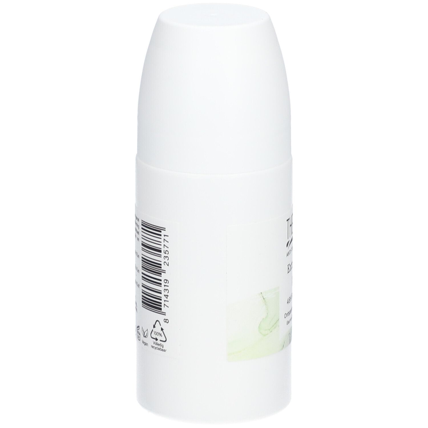 Weißer Deoroller mit Kappe. Barcode und Produktinformationen auf der Seite.