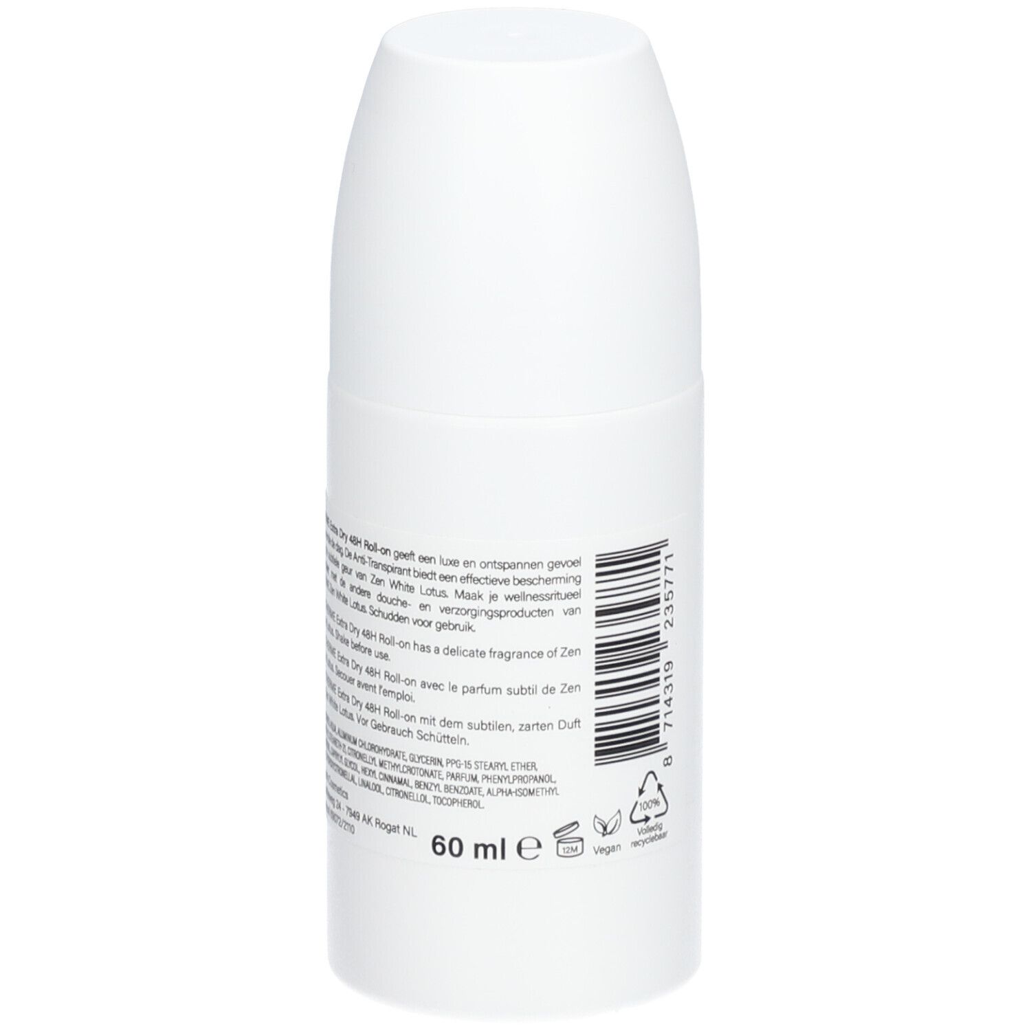 Weiße Roll-on-Deo-Flasche mit Etikett und 60 ml Angabe.