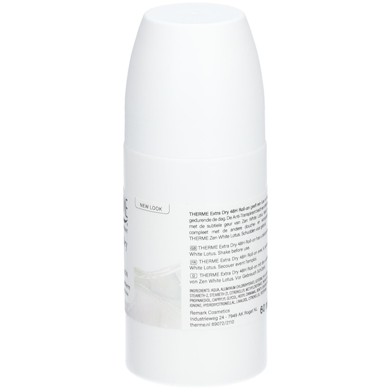 Weiße Roll-on Deodorantflasche mit schwarzer Schrift und einem "New Look"-Aufkleber.