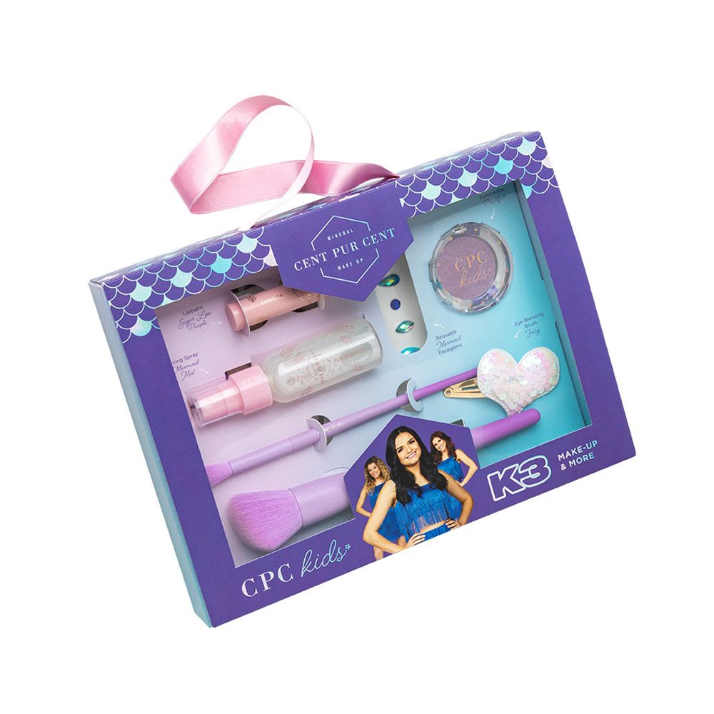 Coffret de maquillage K3. Comprend fard à paupières, pinceaux, gloss, vaporisateur, barrette et autocollants. Boîte violette.