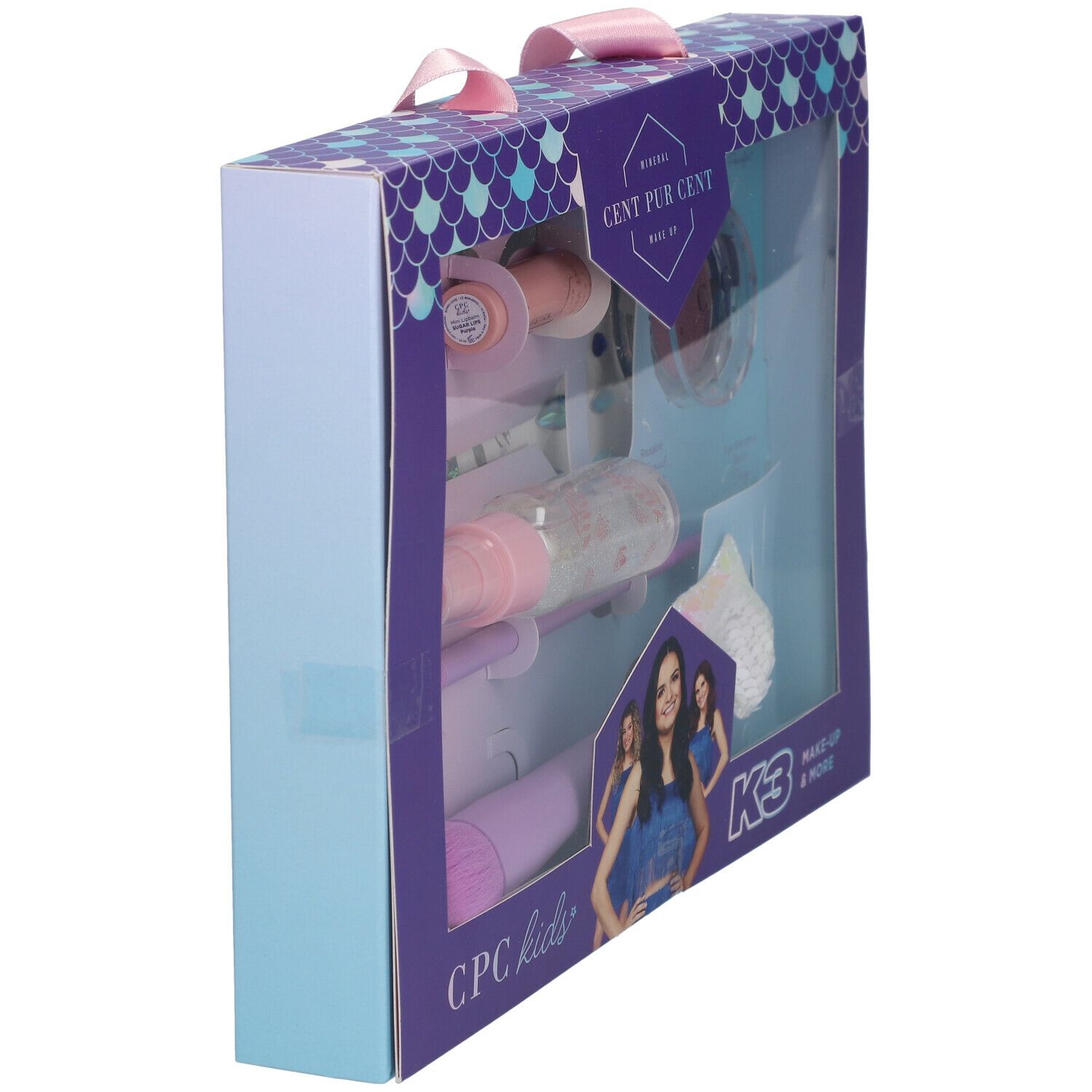 Coffret de maquillage K3. Comprend fard à paupières, pinceaux, gloss, vaporisateur, barrette et autocollants. Boîte violette.