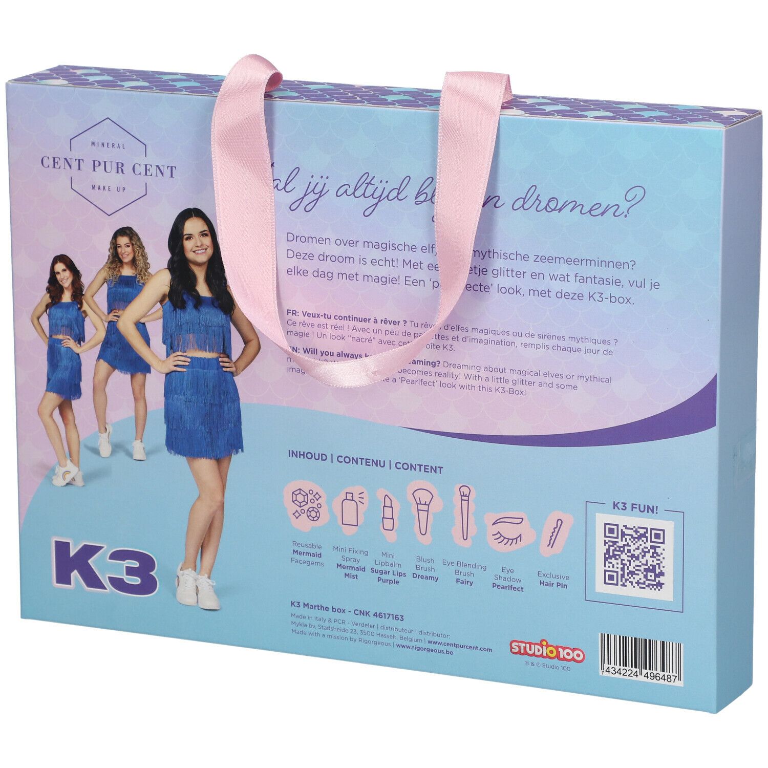 Dos du coffret de maquillage K3. Contient du texte et des illustrations de produits de maquillage. Avec poignée.