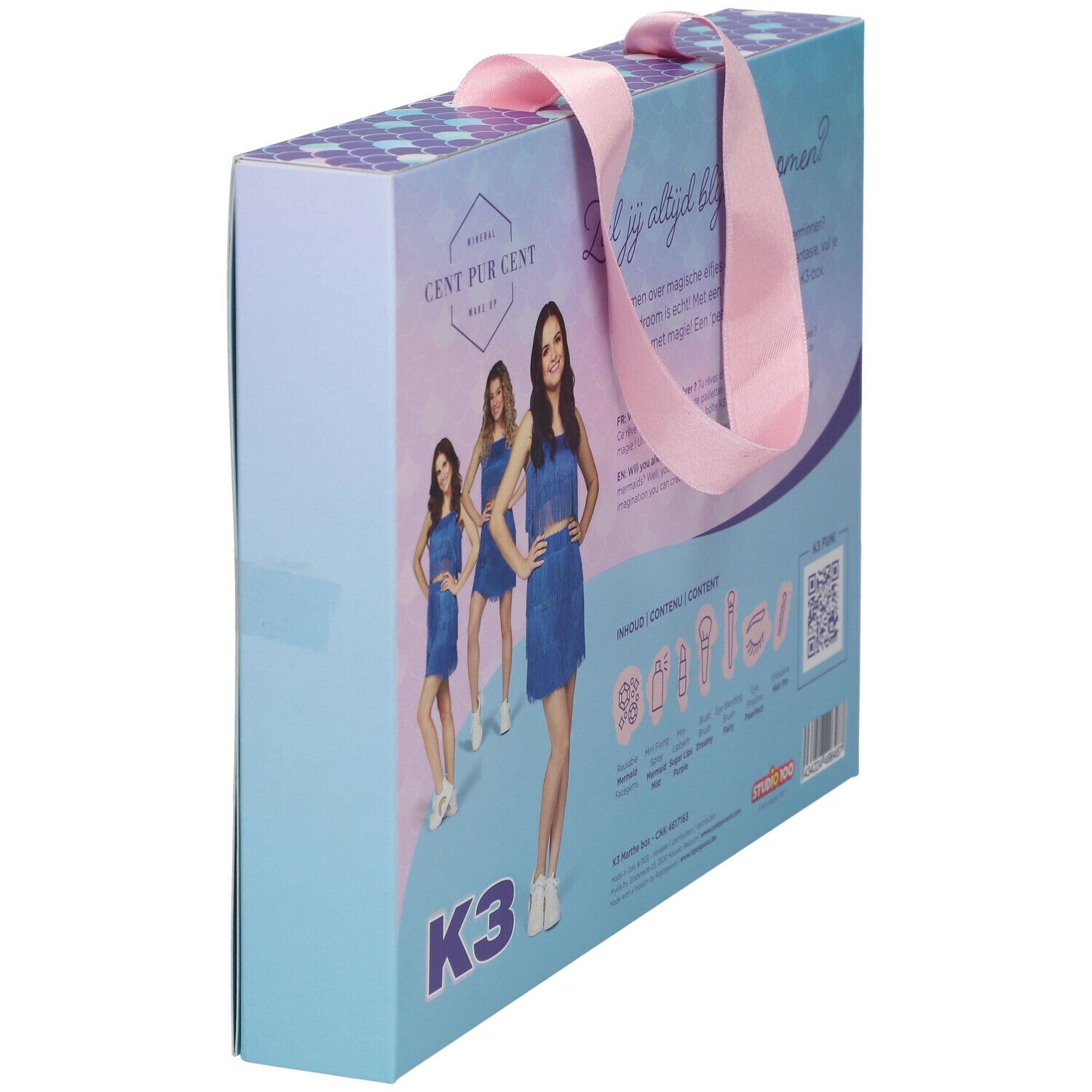 Dos du coffret de maquillage K3. Contient du texte et des illustrations de produits de maquillage. Avec poignée.