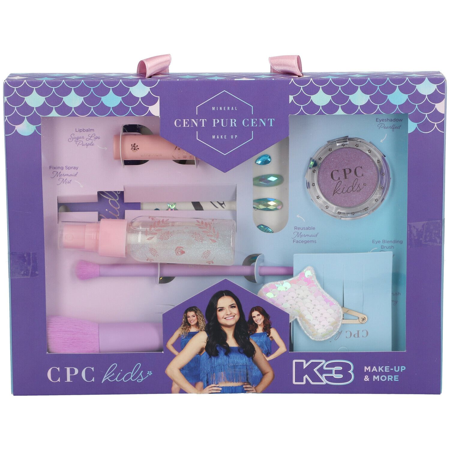 Coffret de maquillage K3. Comprend fard à paupières, pinceaux, gloss, vaporisateur, barrette et autocollants. Boîte violette.