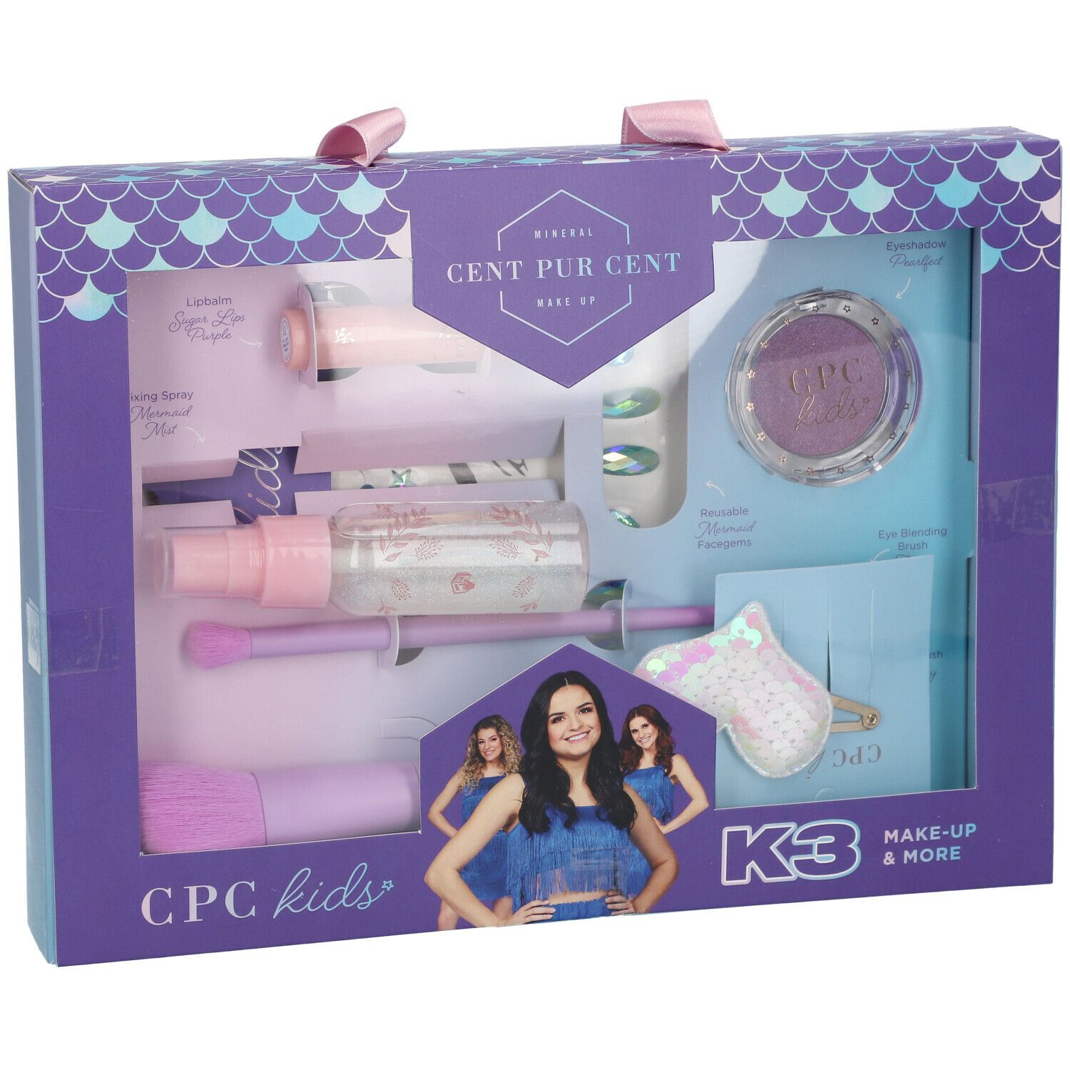 Coffret de maquillage K3. Comprend fard à paupières, pinceaux, gloss, vaporisateur, barrette et autocollants. Boîte violette.